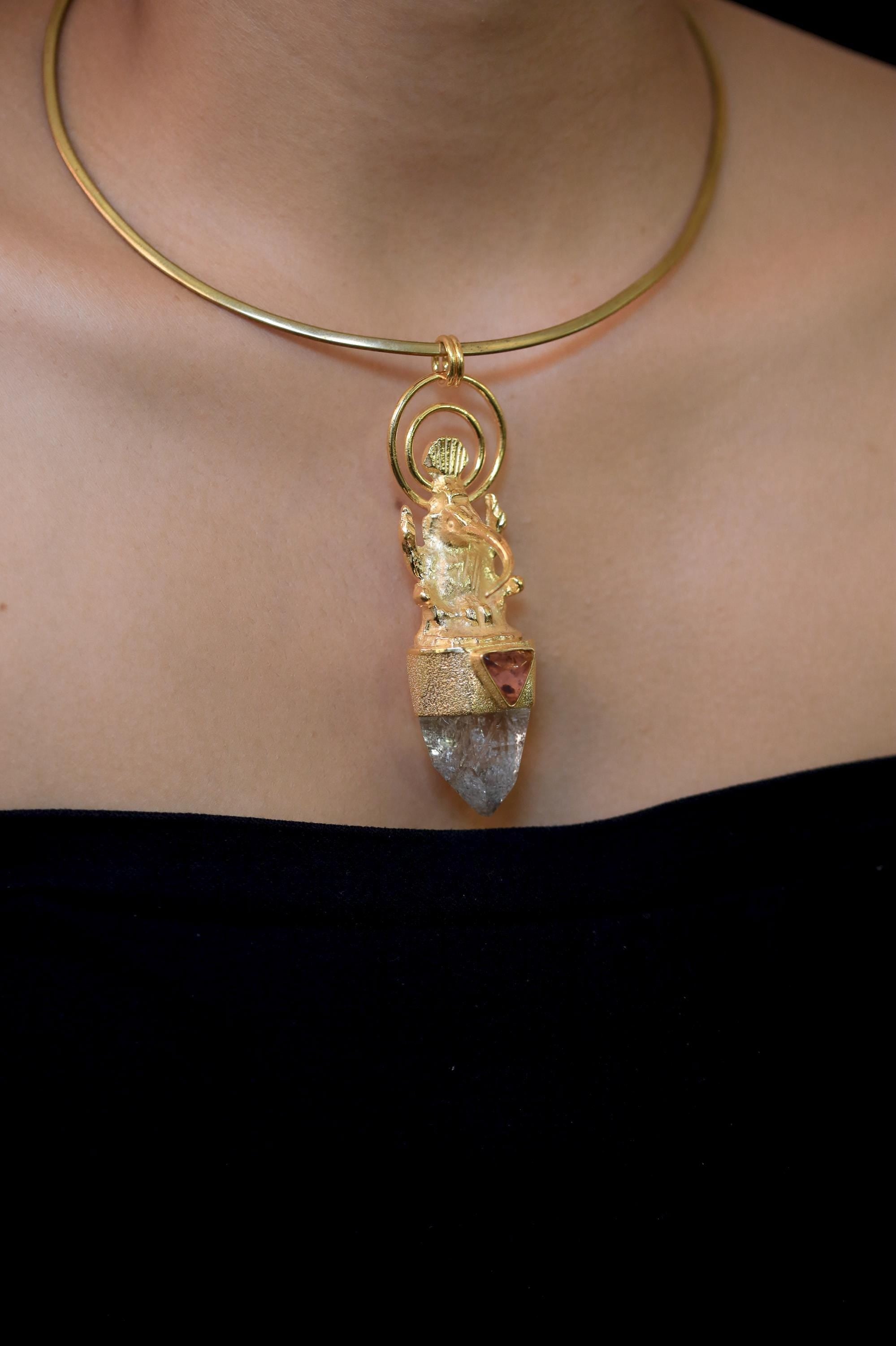 Brass Talisman Ganesha Baltic Amber, Rainbow Pyrite Inclusion Quartz Pendant, 925 Silver Gold Plated Finish, Chakra Energy, Boho Jewelry