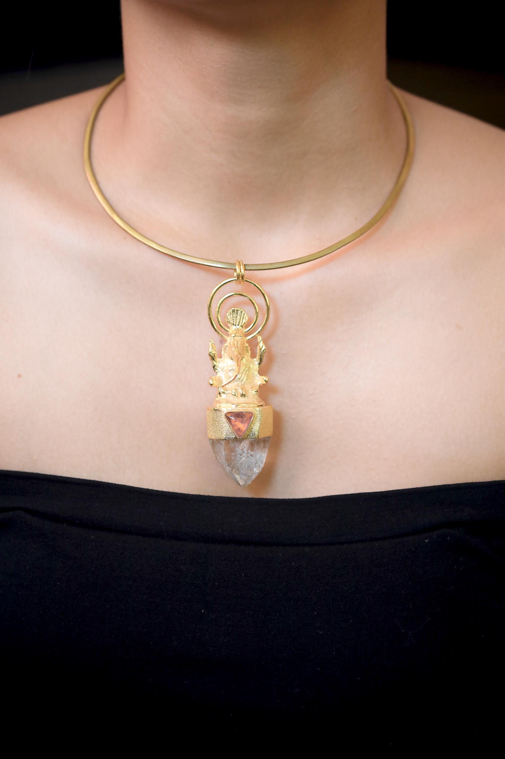 Brass Ganesha Baltic Amber Quartz Pendant, Gold Plated Silver, Boho Talisman