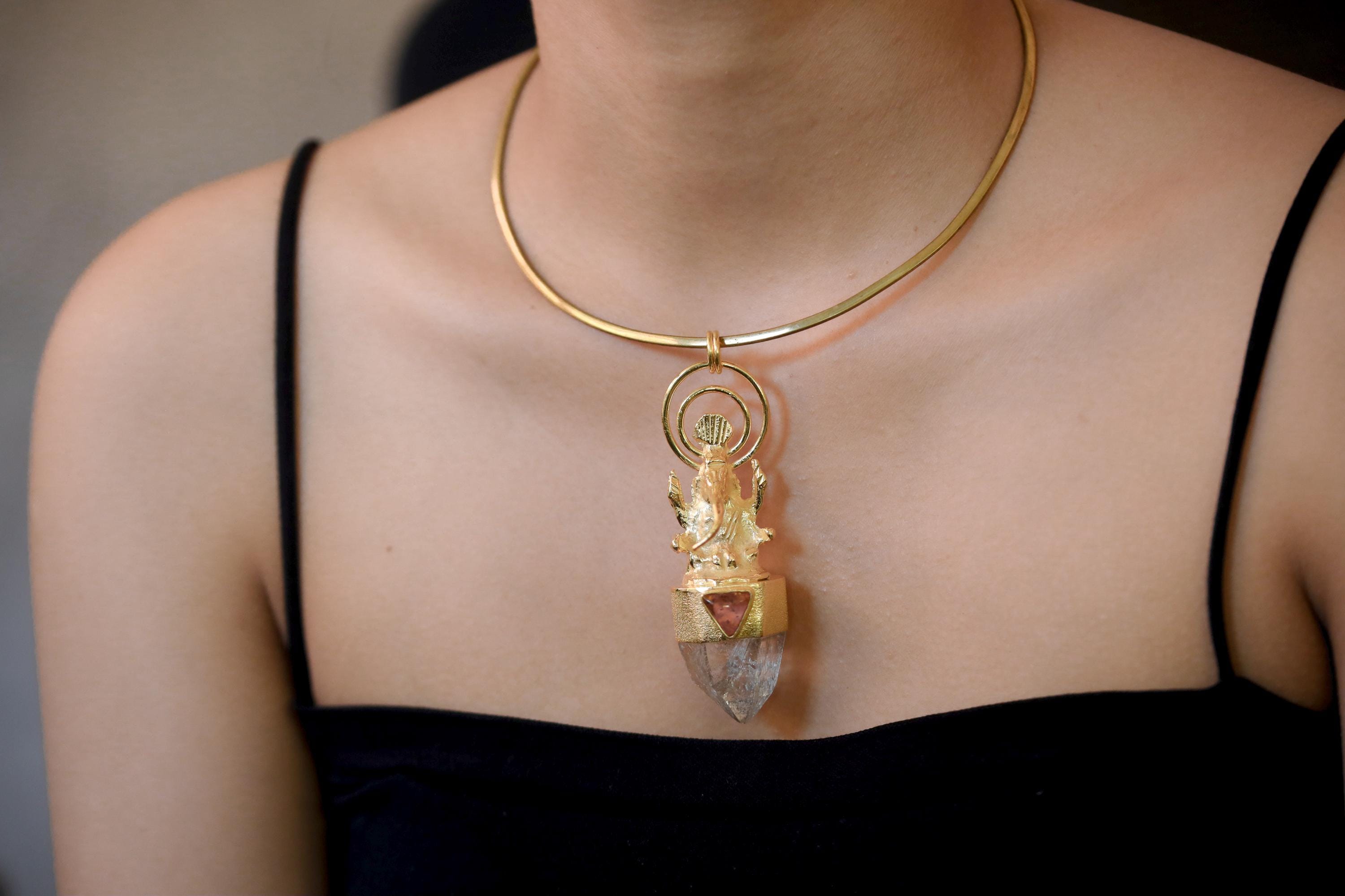 Brass Talisman Ganesha Baltic Amber, Rainbow Pyrite Inclusion Quartz Pendant, 925 Silver Gold Plated Finish, Chakra Energy, Boho Jewelry