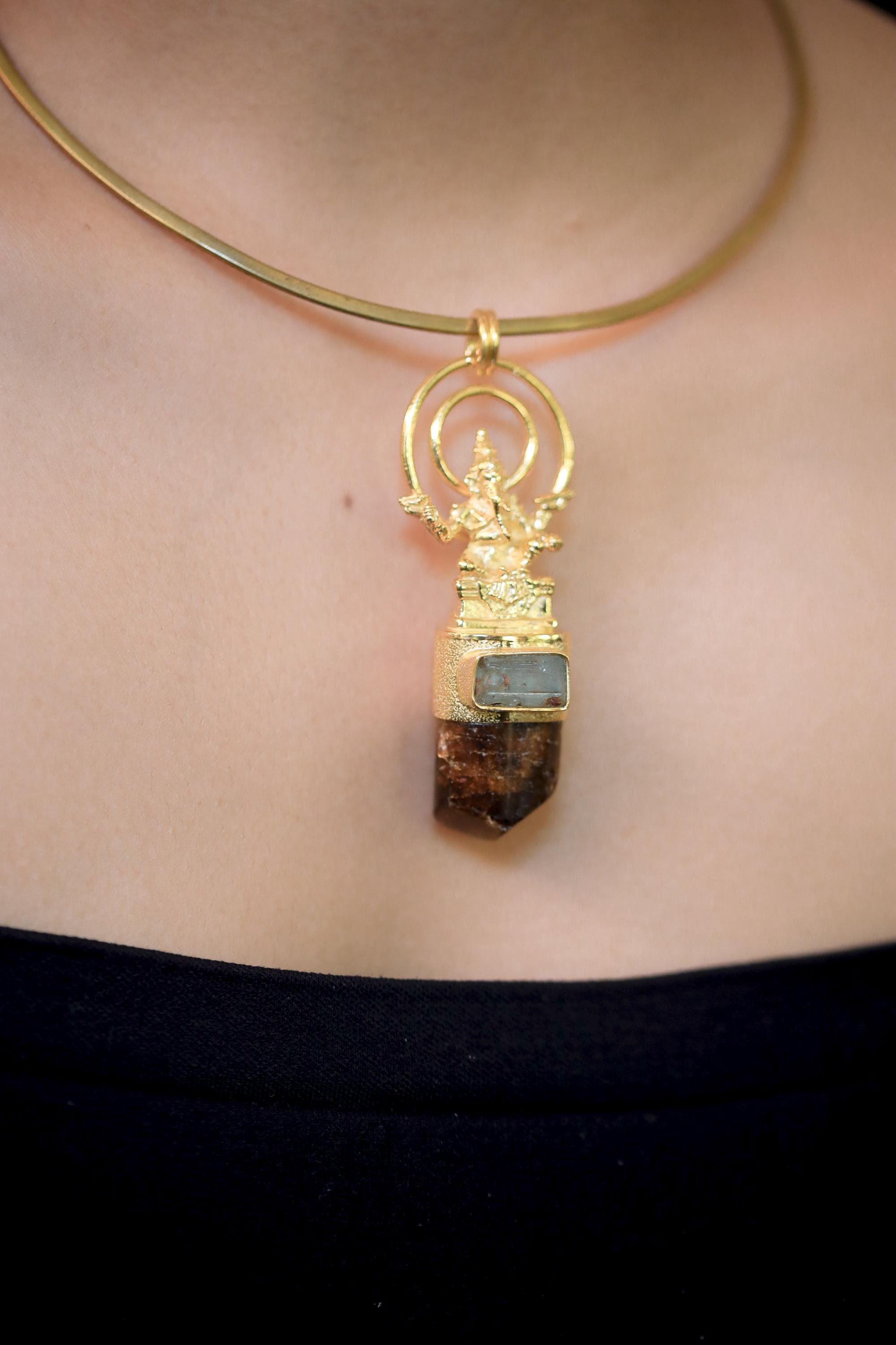 Lord Ganesha Pendant 925 Sterling Silver Gold Plated Aquamarine Brown Tourmaline Grounding Jewelry Gift