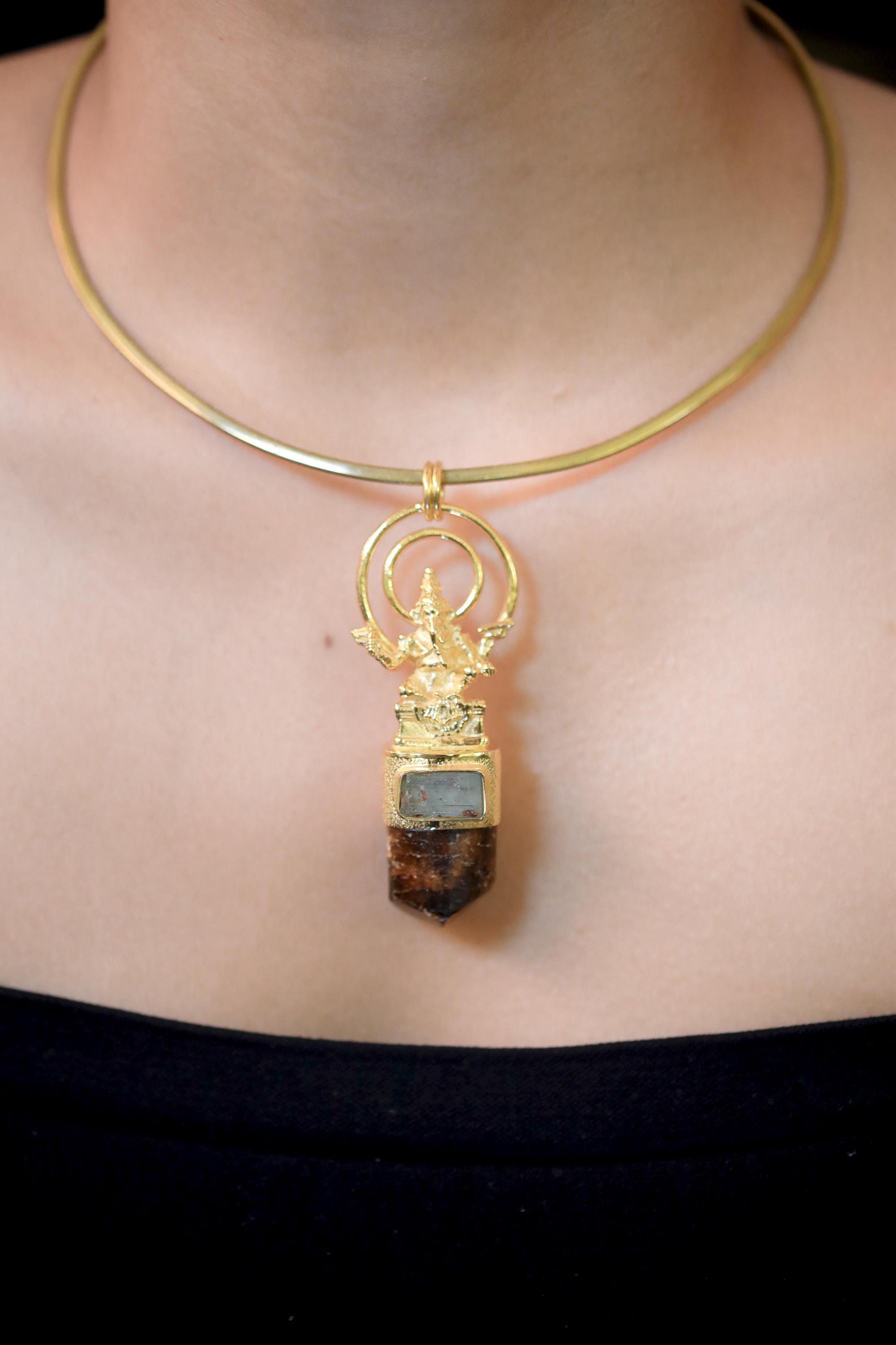 Lord Ganesha Talisman Pendant, Square Aquamarine, Brown Dravite Tourmaline, 925 Silver, Gold Plated Wisdom & Grounding Christmas Gift