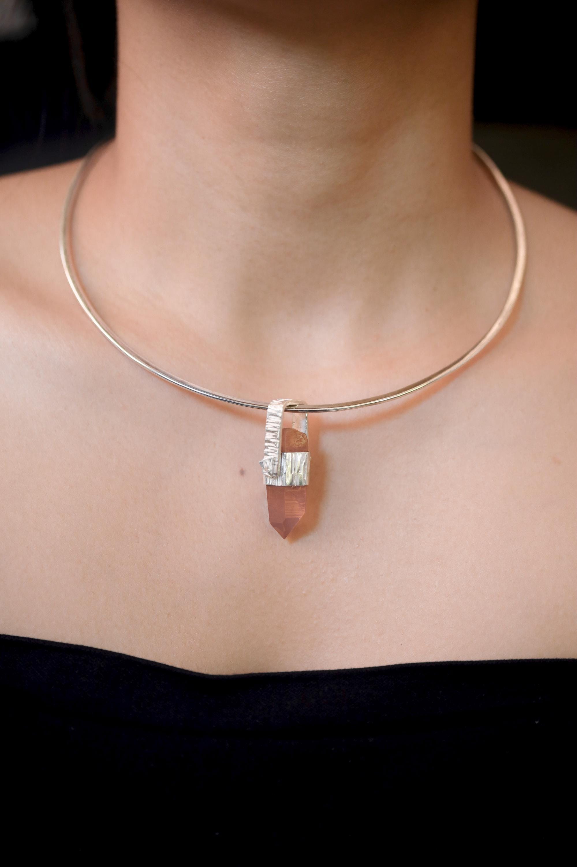Orange Lithium Lemurian Quartz Pendant, Hammered 925 Silver