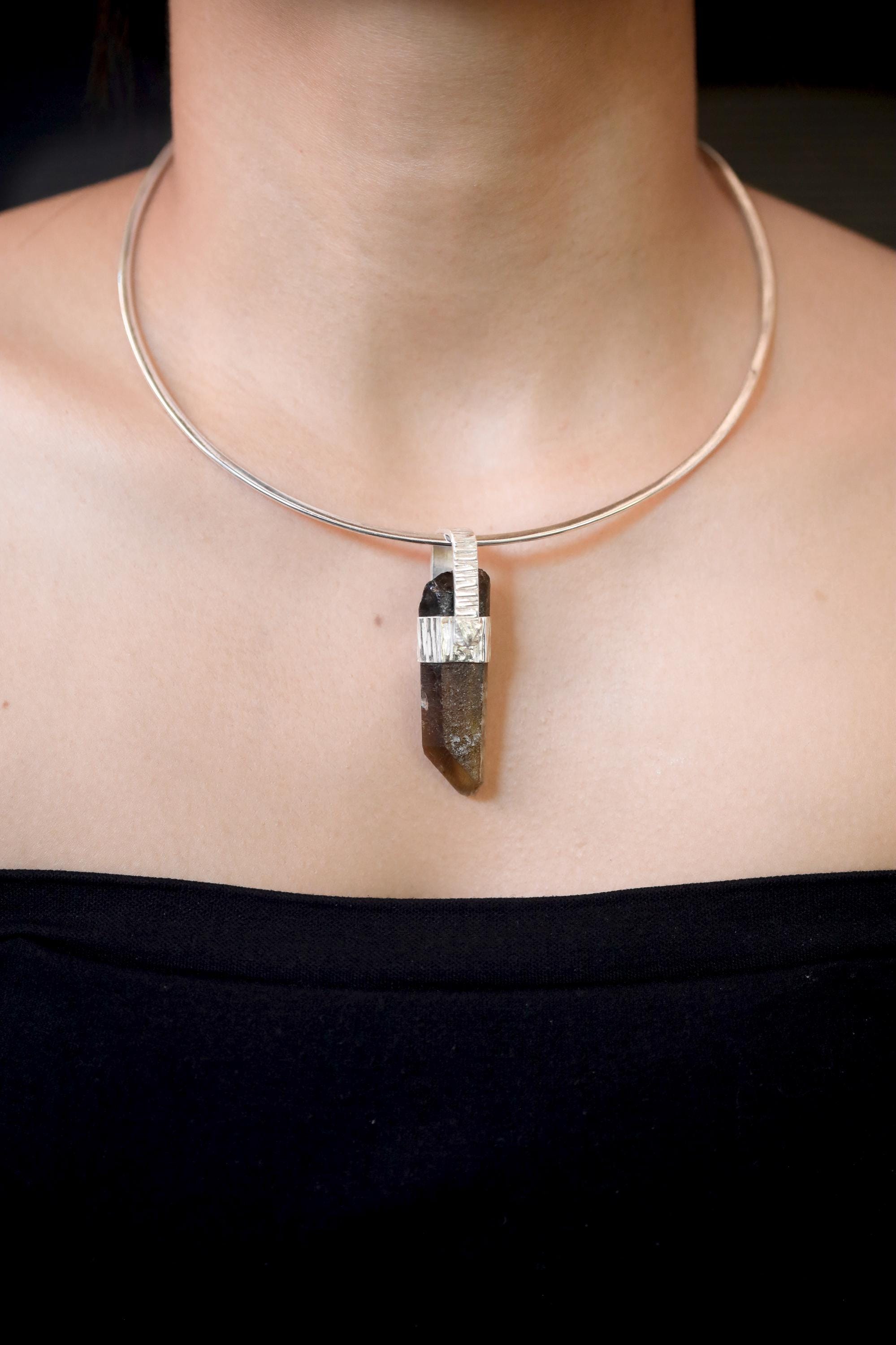 Australian Record Keeper Rainbow Inclusion Citrine Quartz Point Pendant 925 Silver High Shine Finish Hammered Texture Crystal Jewelry