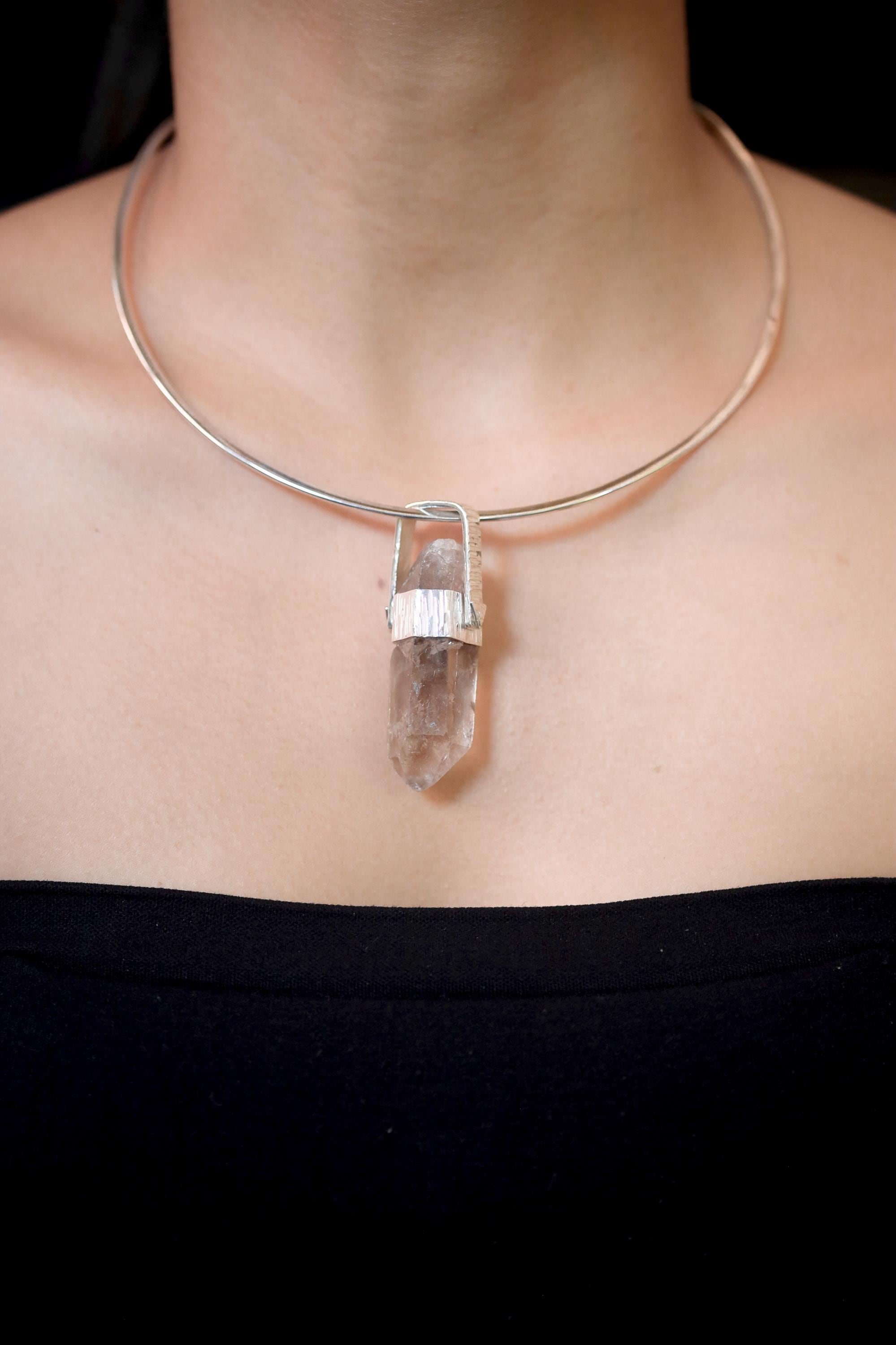 Hand Fossicked Light Smoky Rainbow Inclusion Generator Quartz Point Pendant, 925 Silver, High Shine, Hammered Texture, Minimalist Jewelry