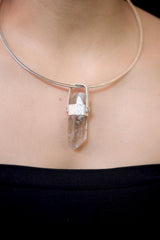 Hand Fossicked Light Smoky Rainbow Inclusion Generator Quartz Point Pendant, 925 Silver, High Shine, Hammered Texture, Minimalist Jewelry