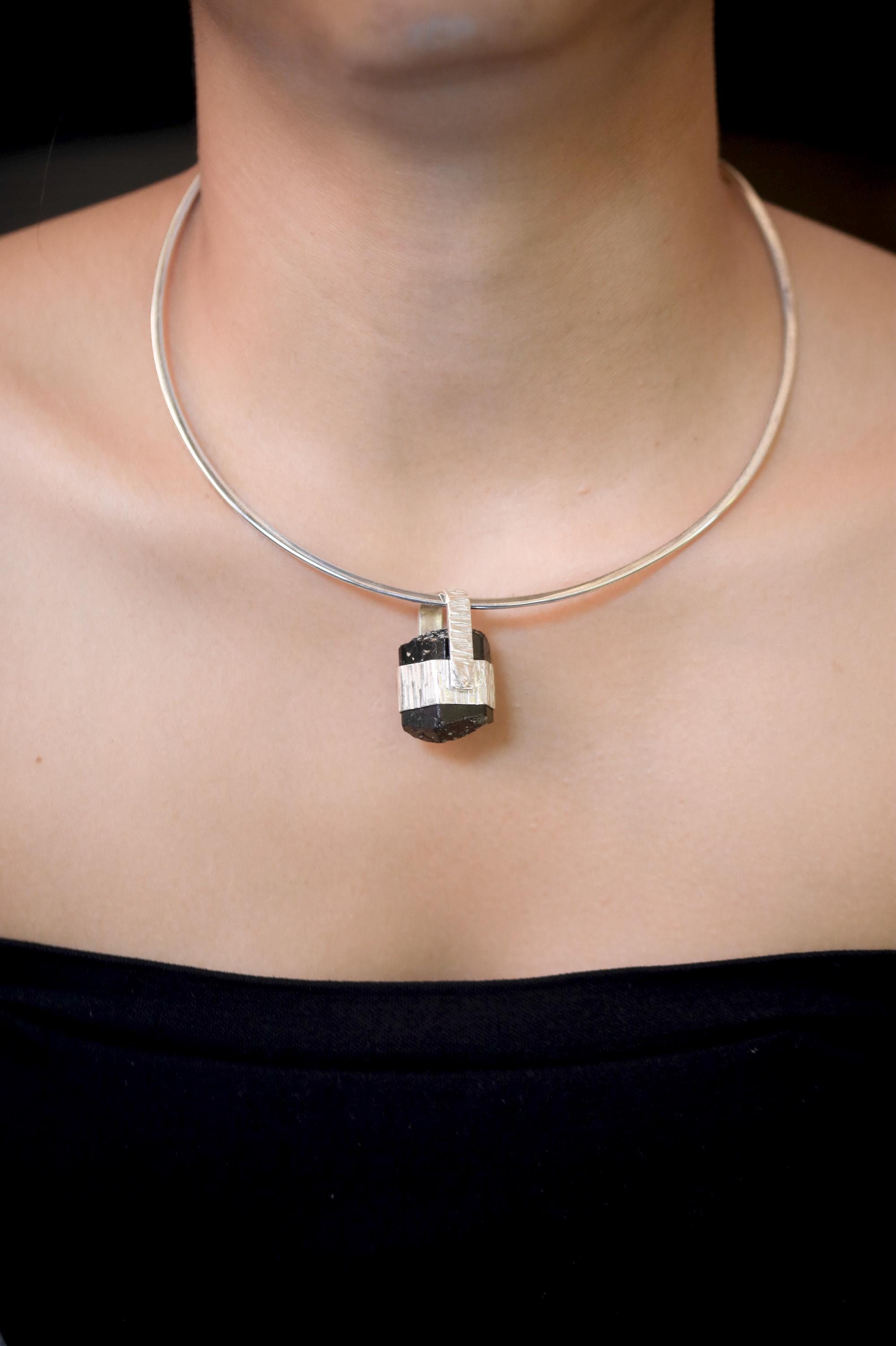 Himalayan Double Terminated Raw Hexagonal Black Tourmaline Specimen Pendant, 925 Silver Wrap, High Shine, Root Chakra Protection Jewelry