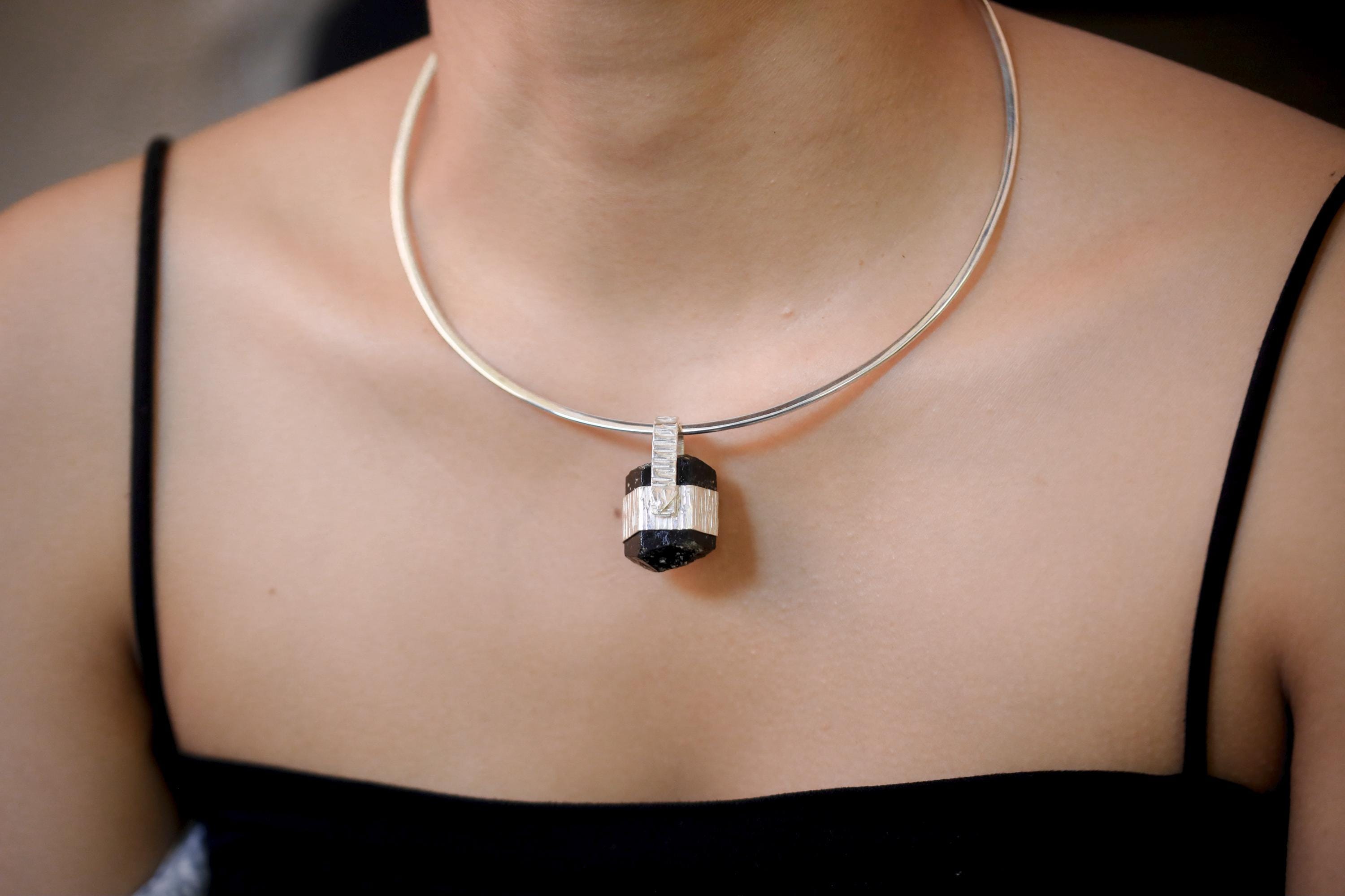 Himalayan Double Terminated Raw Hexagonal Black Tourmaline Specimen Pendant, 925 Silver Wrap, High Shine, Root Chakra Protection Jewelry