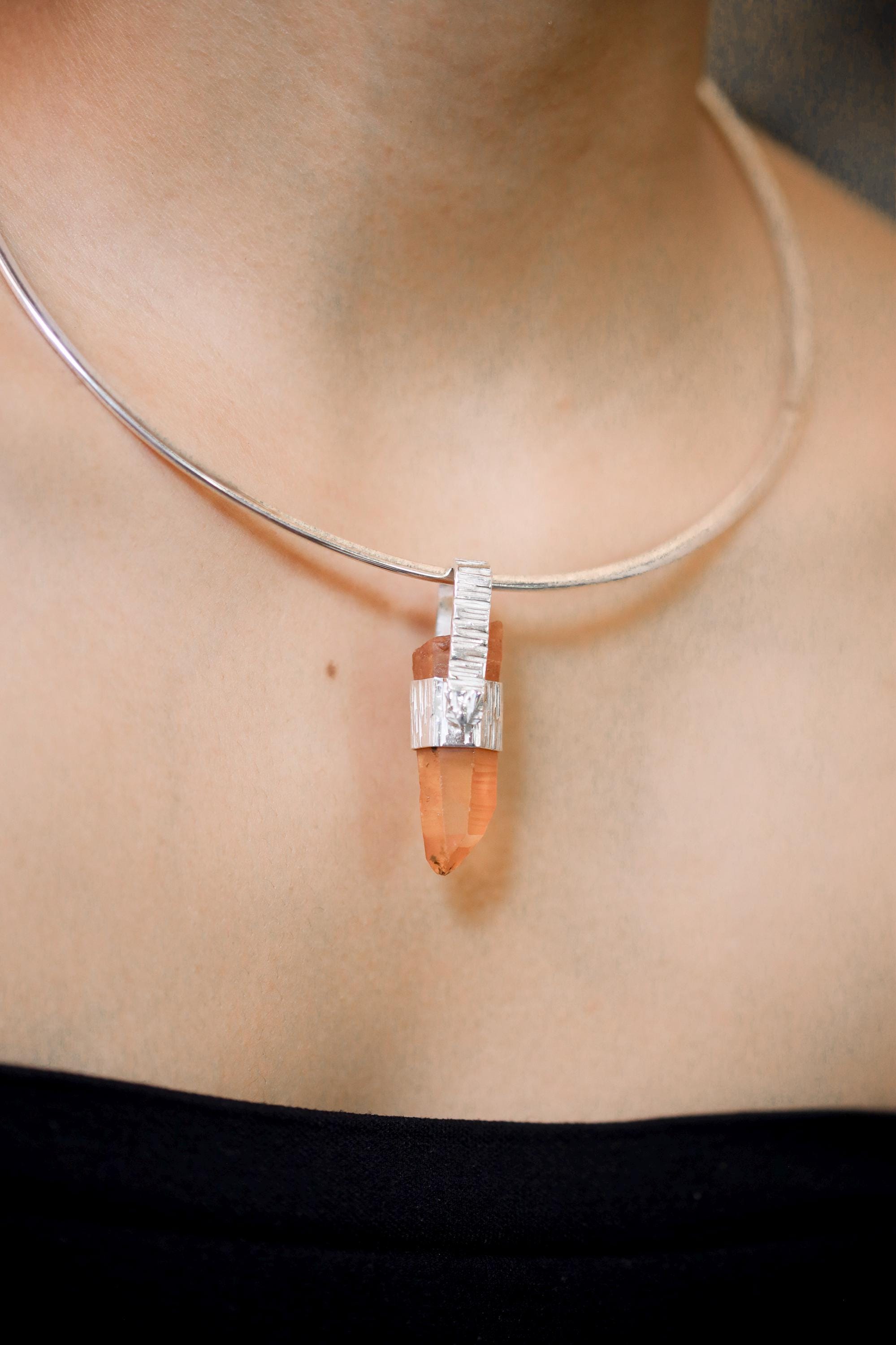 Australian Lemurian Quartz Pendant 925 Sterling Silver Hammered Cap Orange Crystal Point Crown Chakra Gift