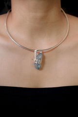 Double Terminated Rainbow Inclusion Window Aqua Aura Quartz Point Pendant Silver, High Shine Hammered Wrap, Hinged Bail, Crystal Jewelry