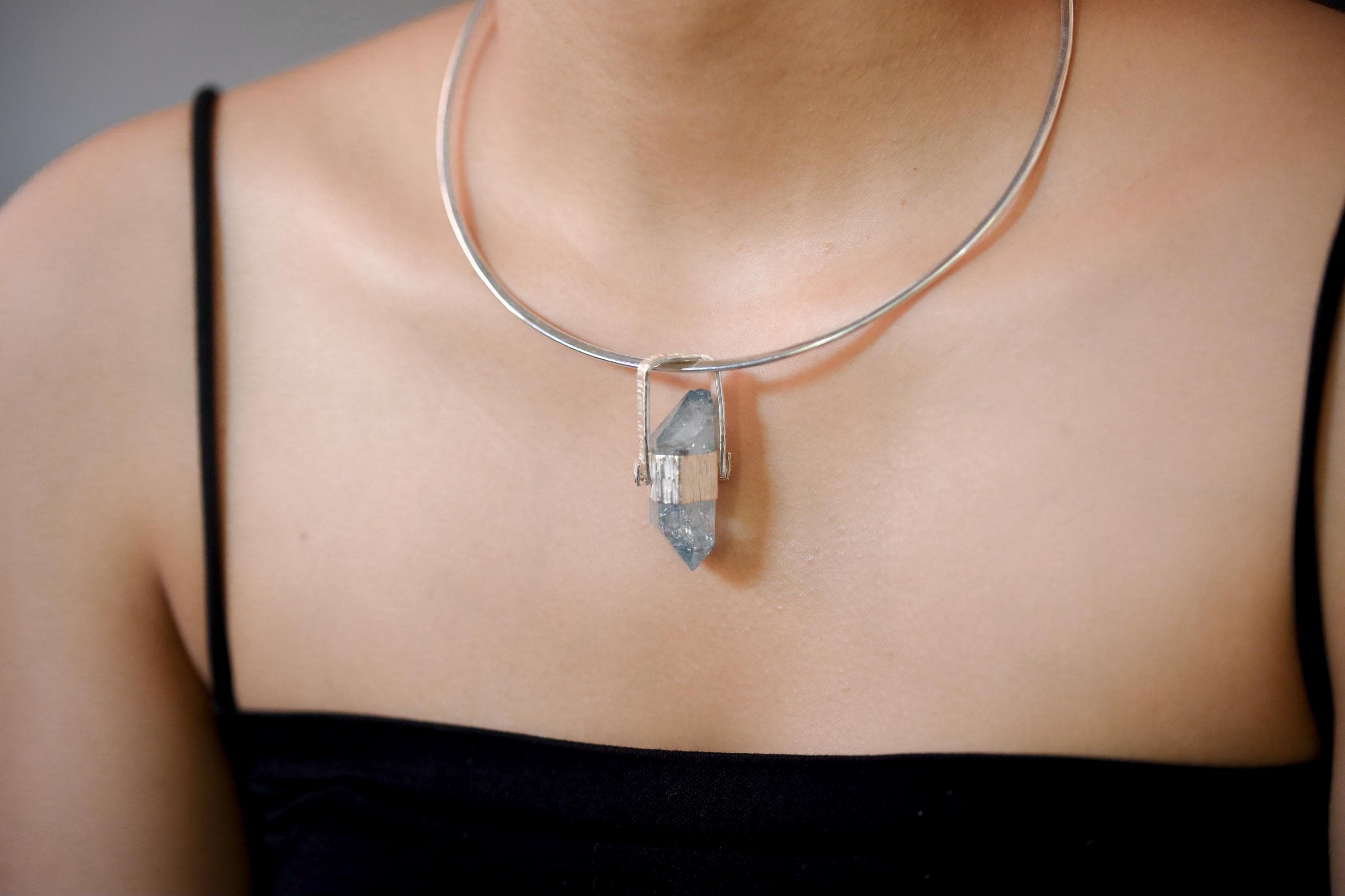 Double Terminated Rainbow Inclusion Window Aqua Aura Quartz Point Pendant Silver, High Shine Hammered Wrap, Hinged Bail, Crystal Jewelry