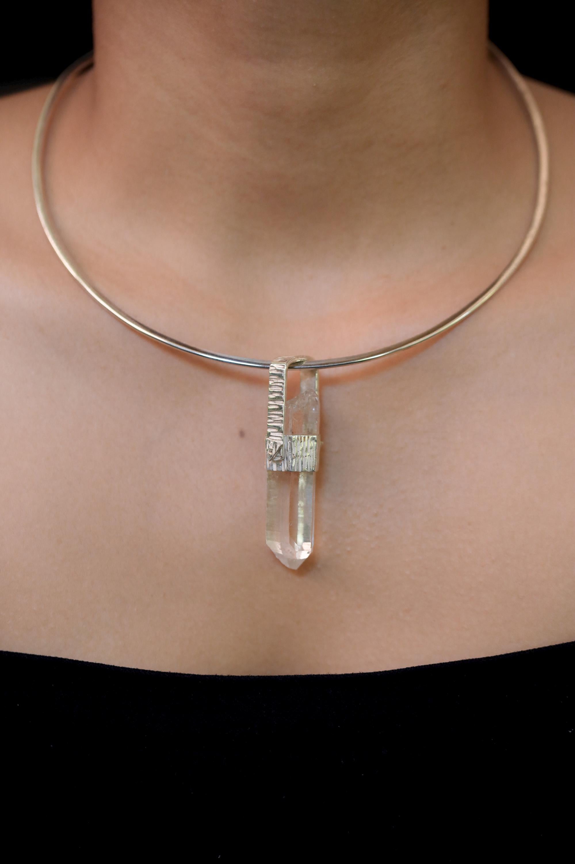 Himalayan Lemurian Rainbow Inclusion Clear Quartz Point Pendant, 925 Silver, High Shine, Hammered Texture, Meditation Crystal Talisman