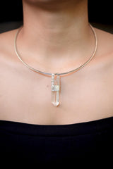 Himalayan Lemurian Rainbow Inclusion Clear Quartz Point Pendant, 925 Silver, High Shine, Hammered Texture, Meditation Crystal Talisman