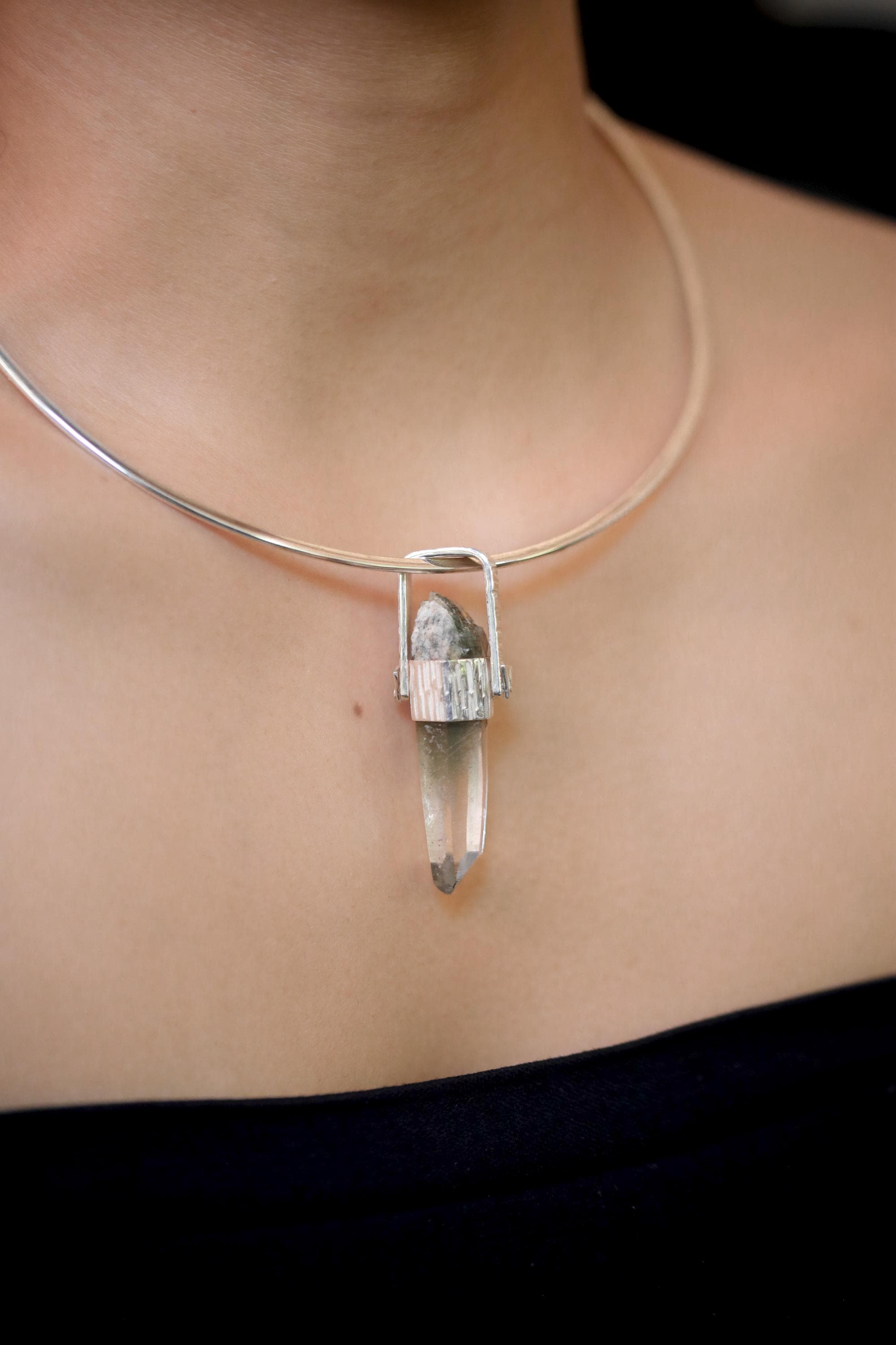 Himalayan Lemurian Laser Chlorite Rutile Quartz Point Pendant, Sterling Silver, Line Hammered Texture, High Shine Finish, Healing Jewelry