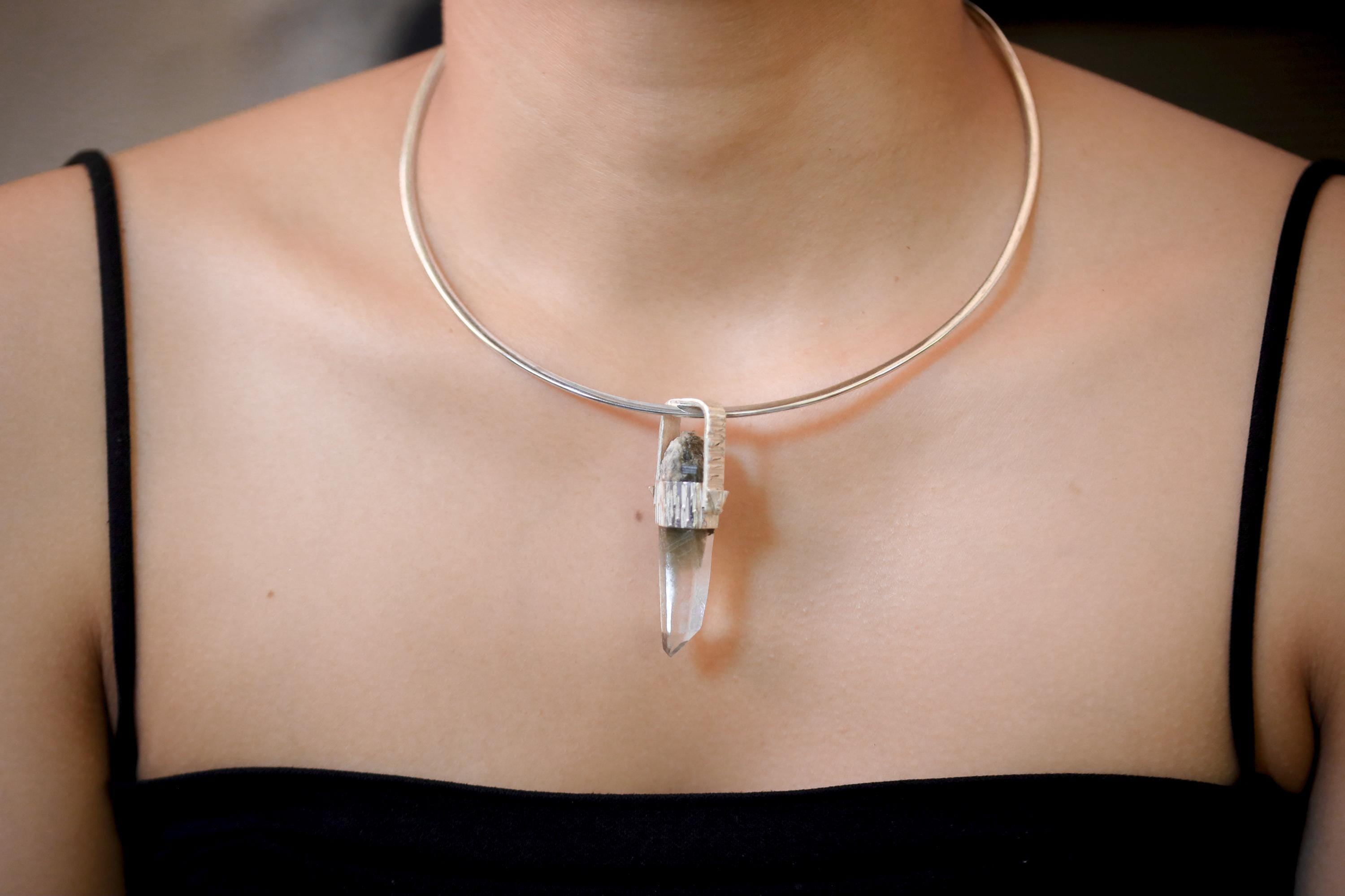 Himalayan Lemurian Laser Chlorite Rutile Quartz Point Pendant, Sterling Silver, Line Hammered Texture, High Shine Finish, Healing Jewelry