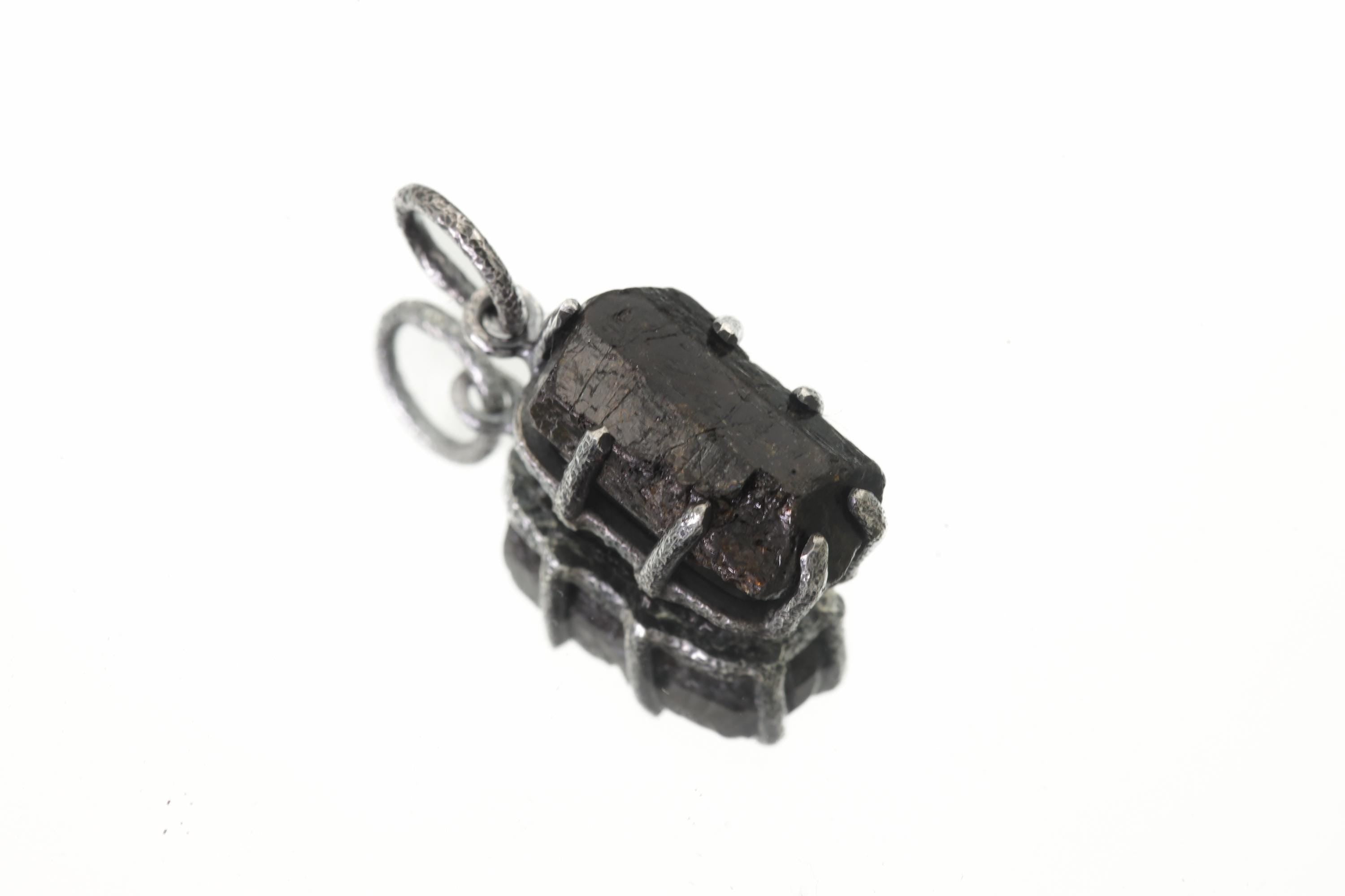 Natural Black Tourmaline Pendant Sterling Silver Claw Setting High Grade Root Chakra Protection Raw Crystal Jewelry Oxidized Finish