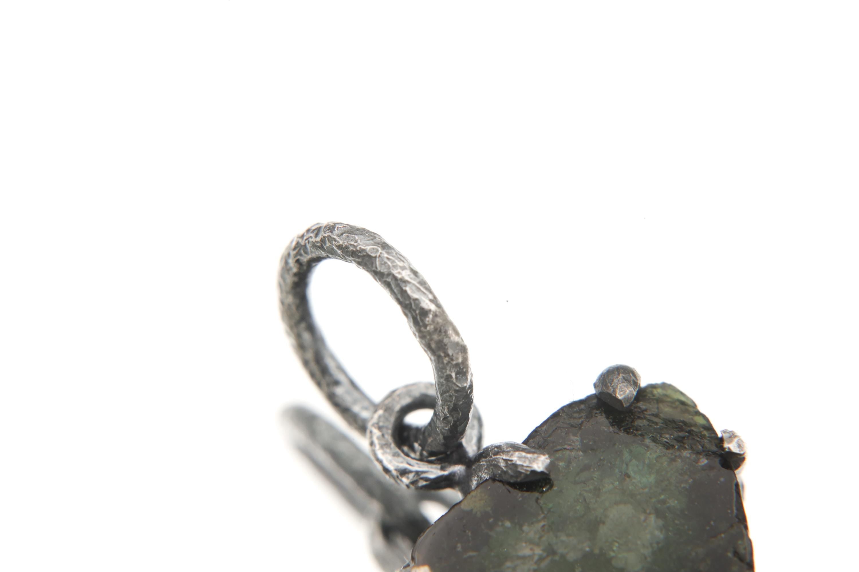 Polished Slice of Natural Green Tourmaline Wand with Darker rind Pendant, 925 Silver Claw Setting, Oxidized Finish, Hammered Textured