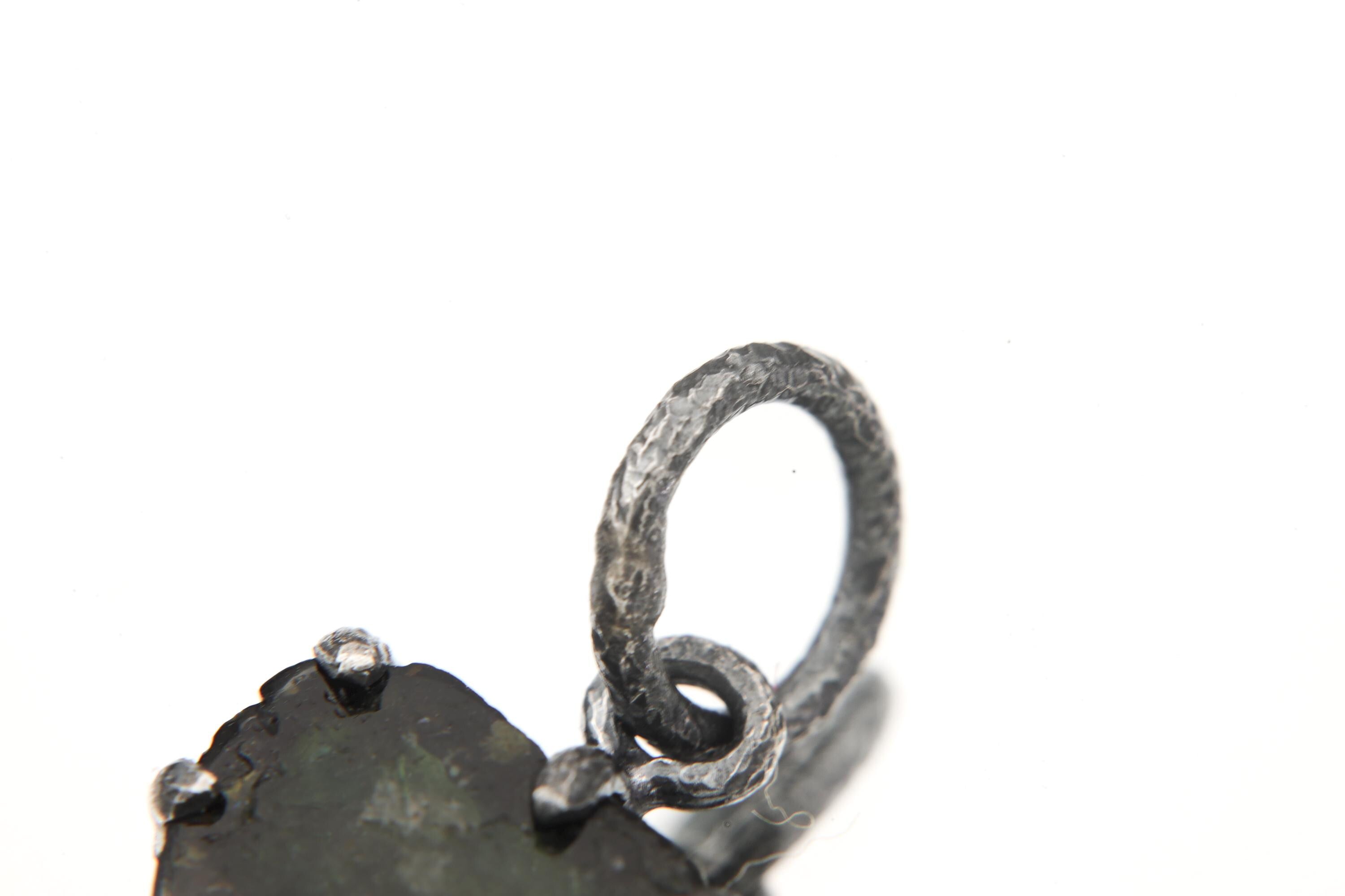 Polished Slice of Natural Green Tourmaline Wand with Darker rind Pendant, 925 Silver Claw Setting, Oxidized Finish, Hammered Textured