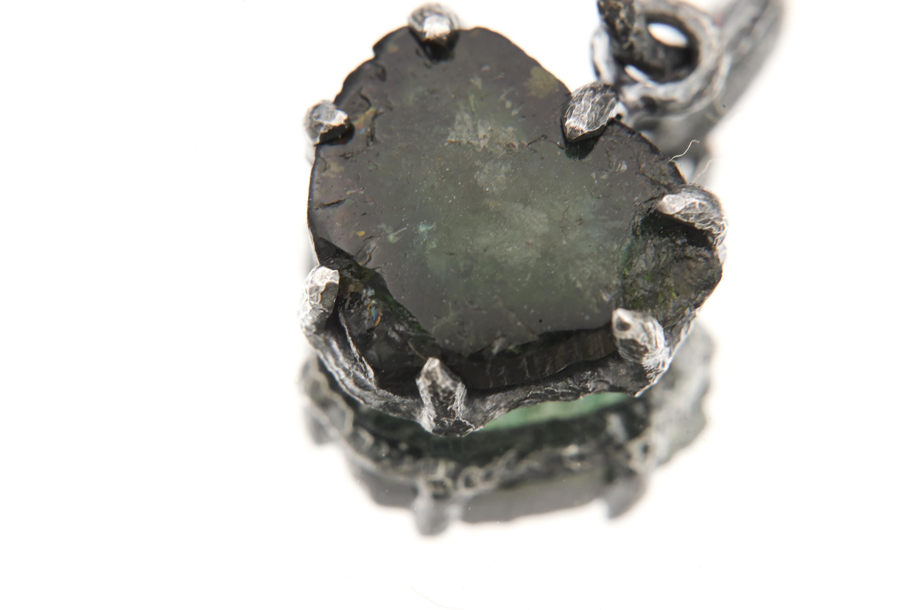 Polished Slice of Natural Green Tourmaline Wand with Darker rind Pendant, 925 Silver Claw Setting, Oxidized Finish, Hammered Textured