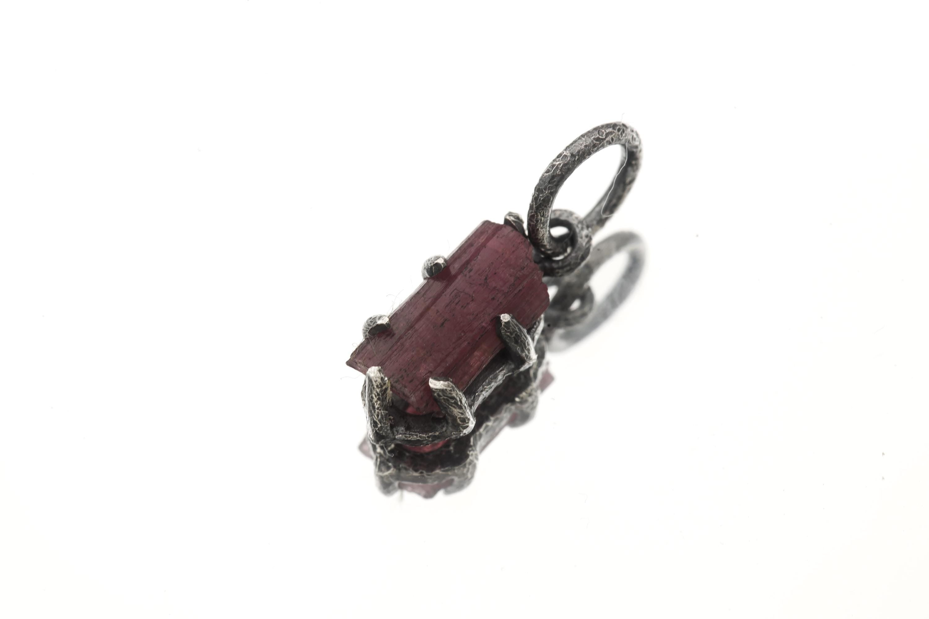 Rubellite Tourmaline Wand Pendant, Oxidized 925 Sterling Silver, Chakra Healing