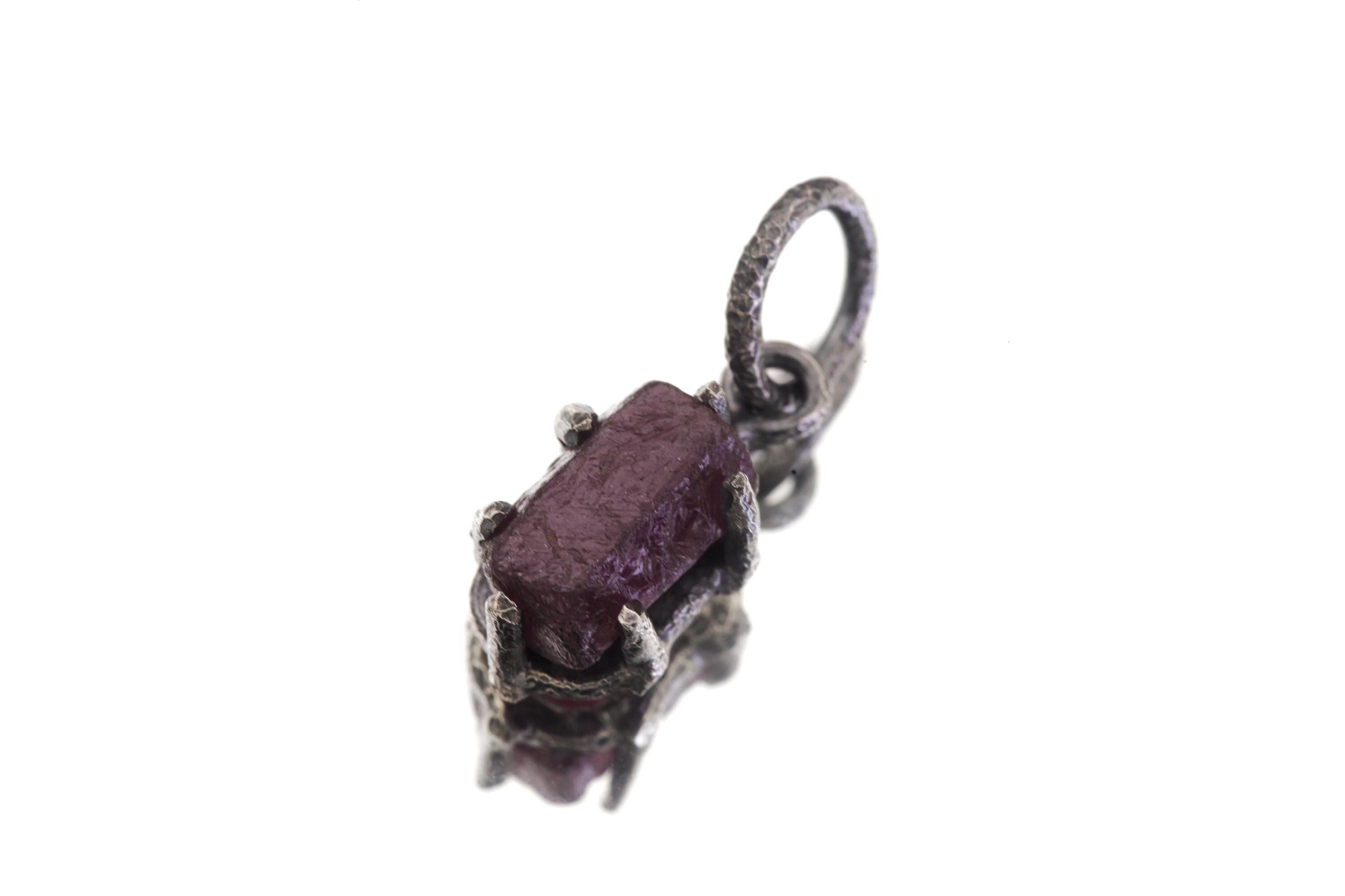 High Grade 6 Sided Natural Gem Ruby (corundum) Wand Pendant, Sterling Silver Hammered Textured & Oxidized July Birthstone Handmade Jewelry