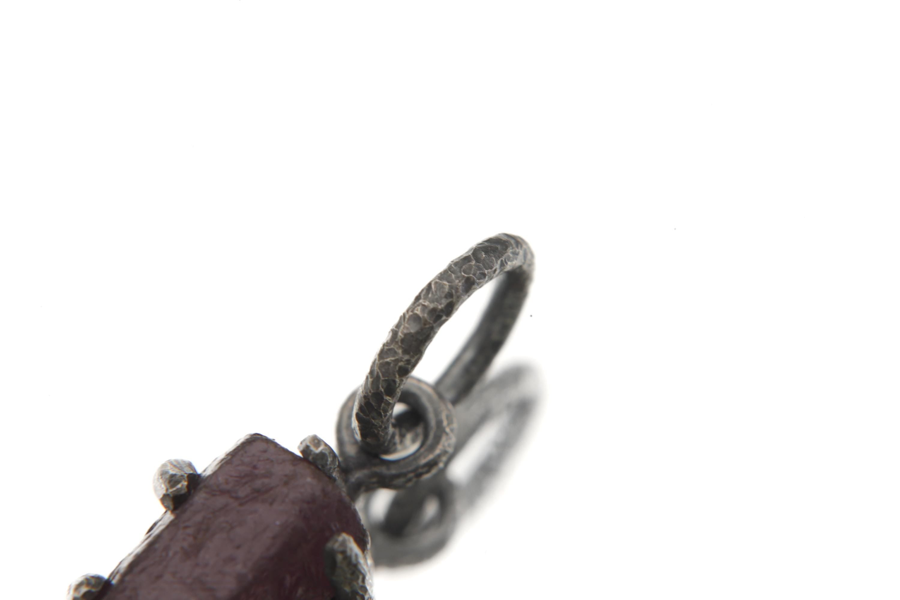 High Grade 6 Sided Natural Gem Ruby (corundum) Wand Pendant, Sterling Silver Hammered Textured & Oxidized July Birthstone Handmade Jewelry