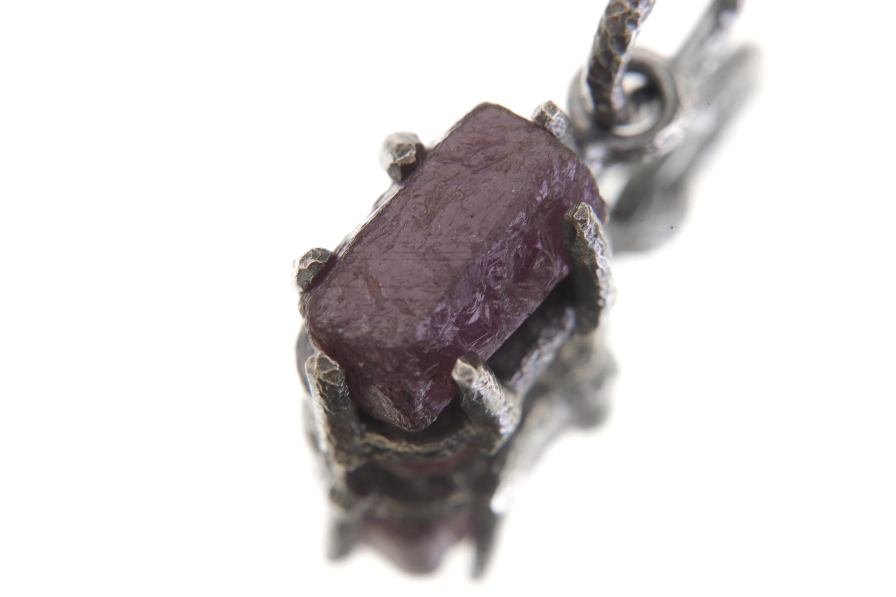 High Grade 6 Sided Natural Gem Ruby (corundum) Wand Pendant, Sterling Silver Hammered Textured & Oxidized July Birthstone Handmade Jewelry