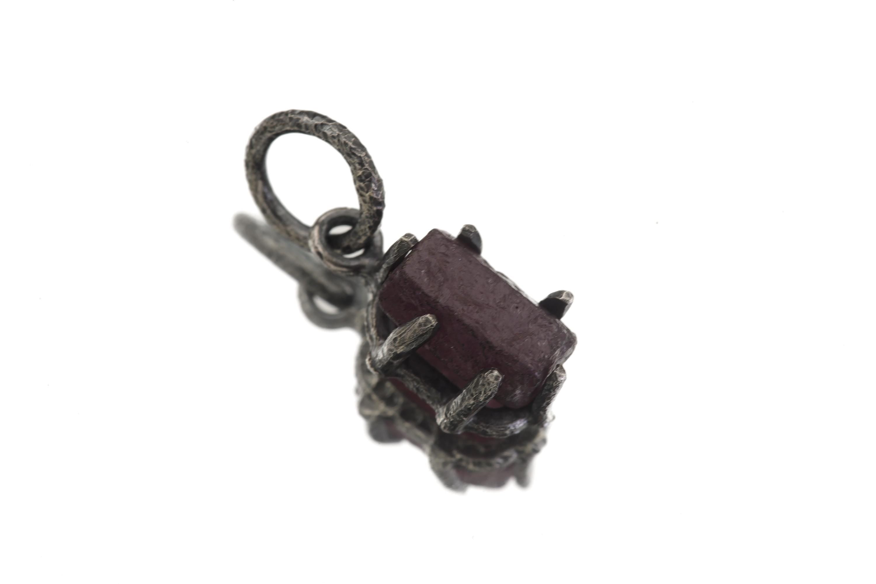 Handmade Ruby Wand Pendant, Hammered Sterling Silver, July Birthstone