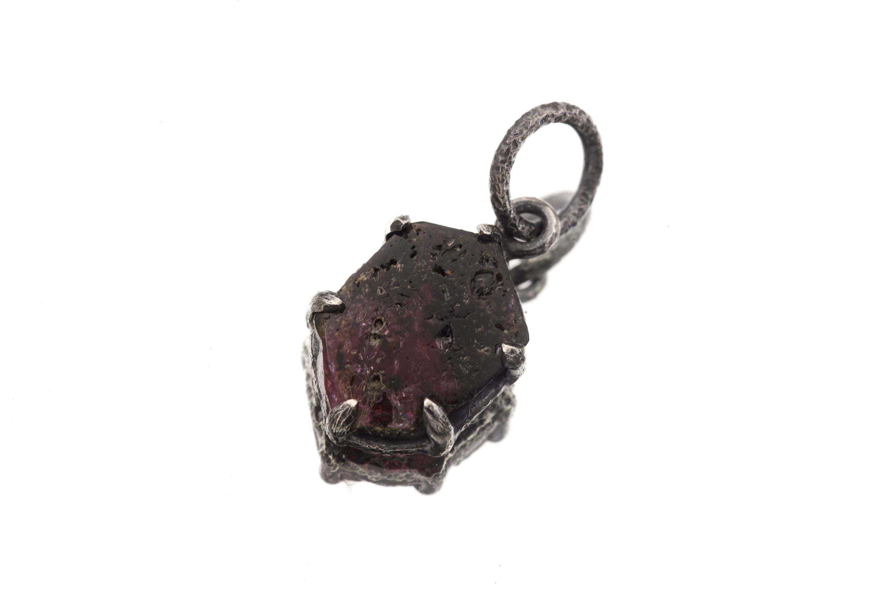 Hexagonal Polished Slice of Natural Pink Tourmaline wand specimen Pendant 925 Sterling Silver Oxidized Claw Setting Unique Gift