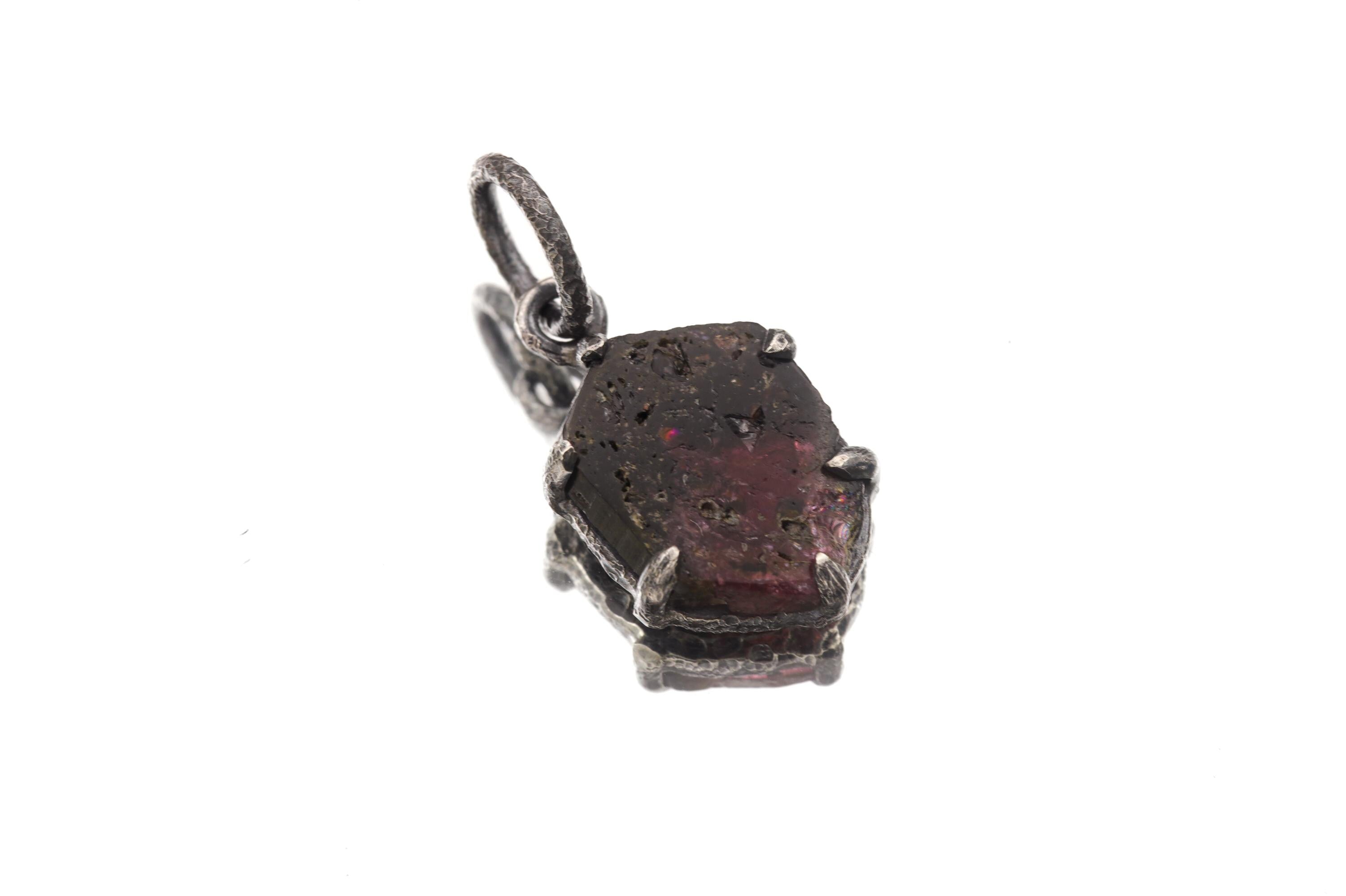 Rubellite Tourmaline Pendant, Hexagonal Slice, Oxidized Sterling Silver