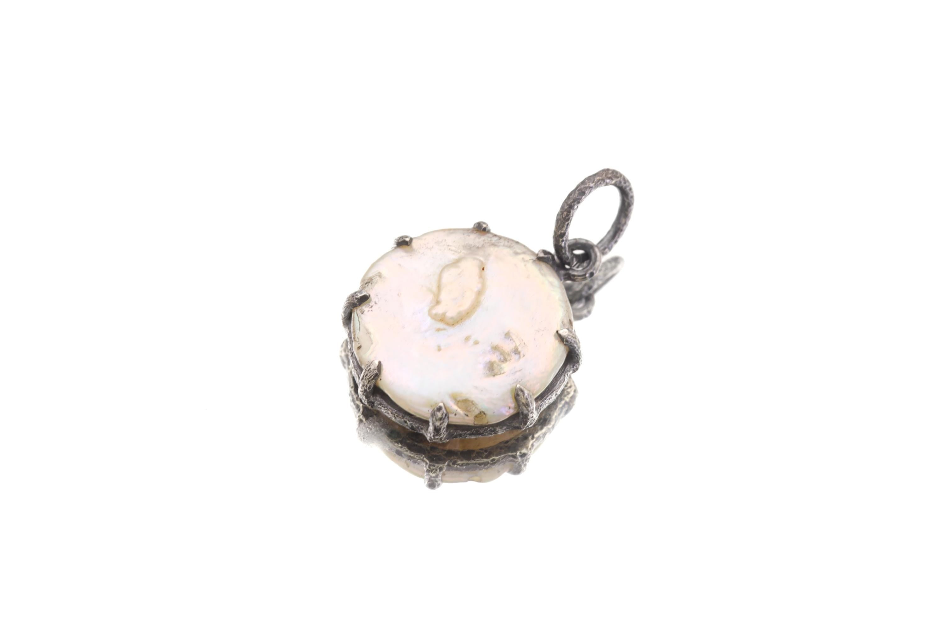 Round Pearl Disk Pendant, Natural Farmed Pearl, 925 Silver, Hammer Texture, Oxidized Finish, Moon Energy, June Birthstone Jewelry