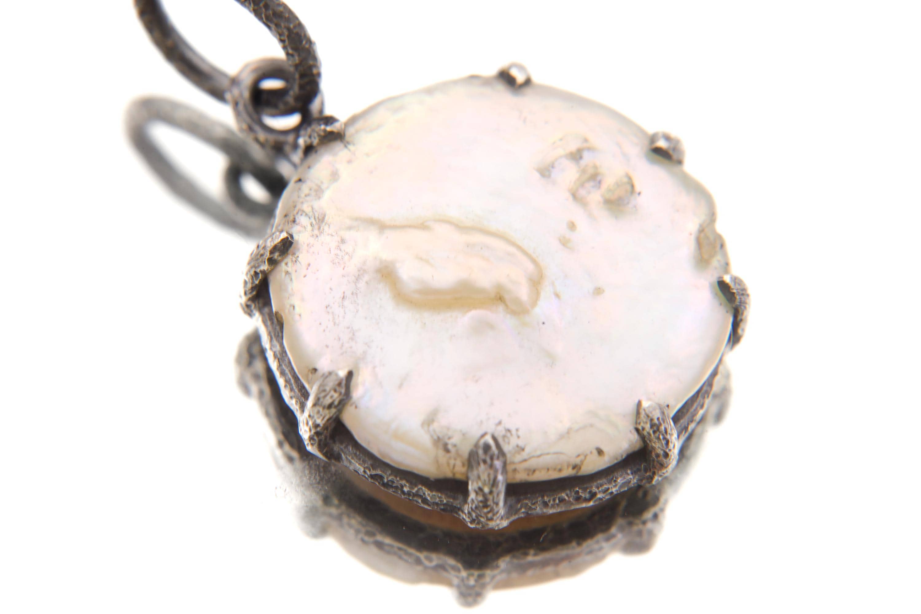 Round Pearl Disk Pendant, Natural Farmed Pearl, 925 Silver, Hammer Texture, Oxidized Finish, Moon Energy, June Birthstone Jewelry