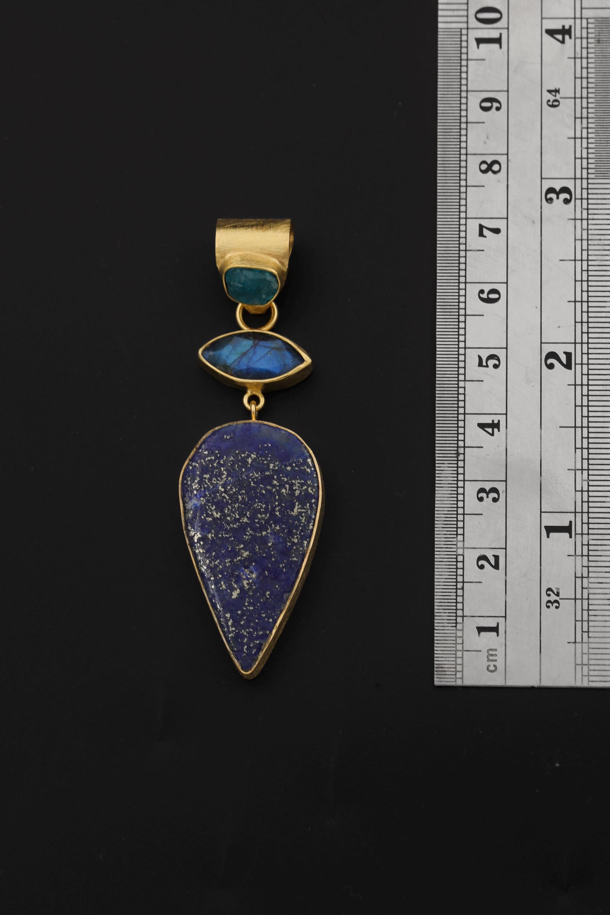 Apatite Labradorite Lapis Lazuli pendant shown beside a ruler for scale, with 7 mm triangular bail and three linked stones.