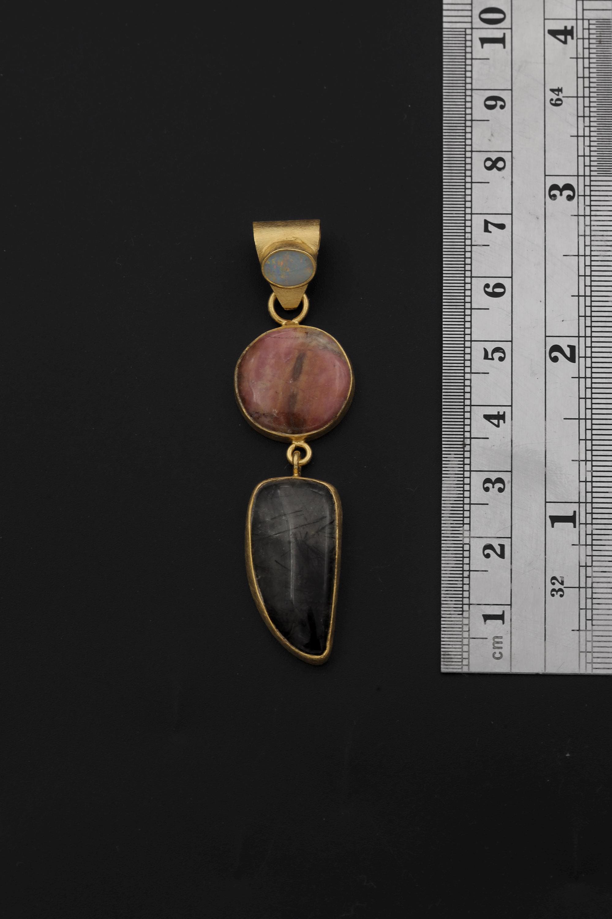 Australian Opal Rhodochrosite Rutilated Quartz Pendant 18K Gold Plated 925 Silver, Brushed Textured, Crystal Jewelry, Handmade Talisman Gift