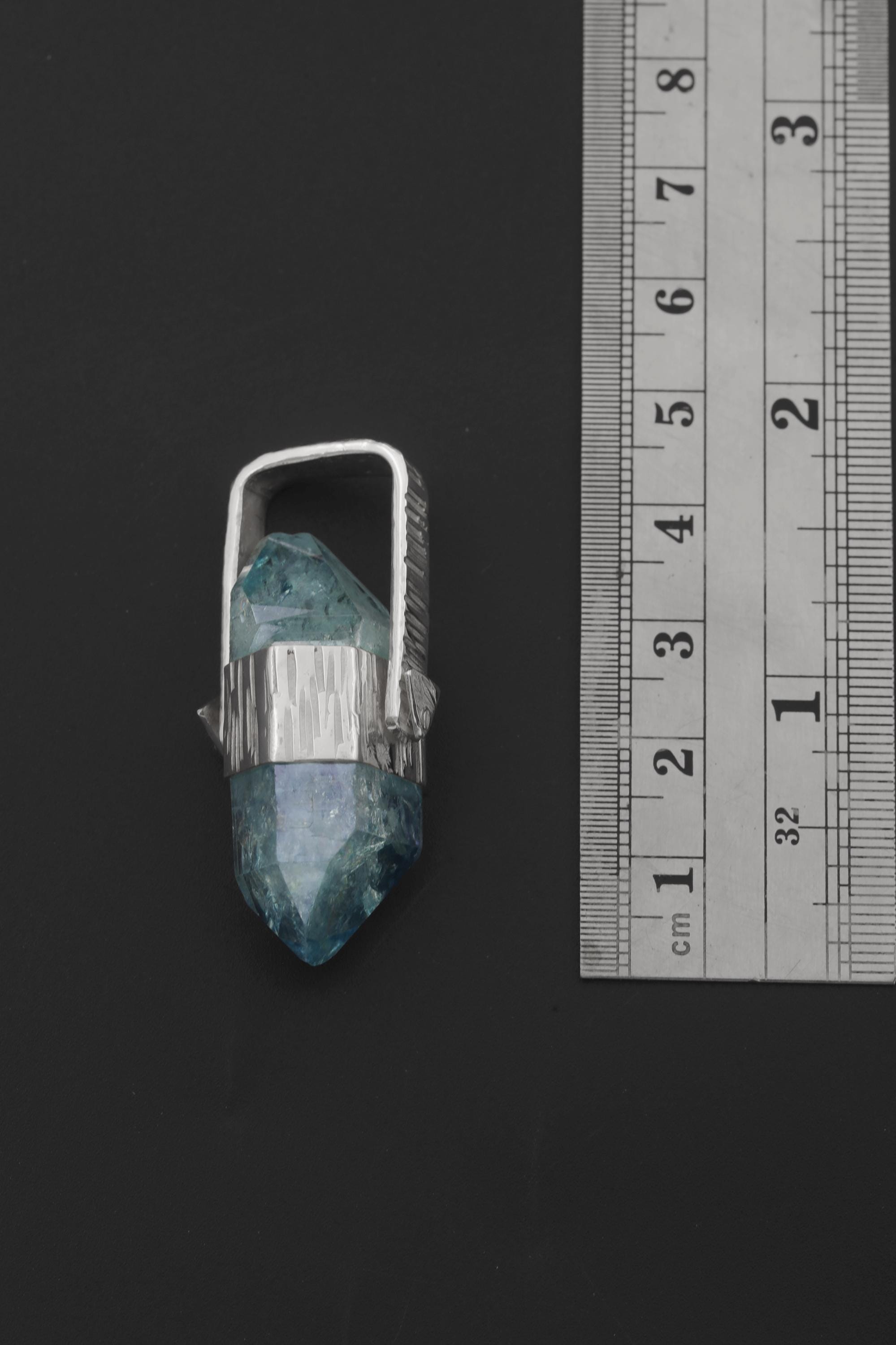Double Terminated Rainbow Inclusion Window Aqua Aura Quartz Point Pendant Silver, High Shine Hammered Wrap, Hinged Bail, Crystal Jewelry