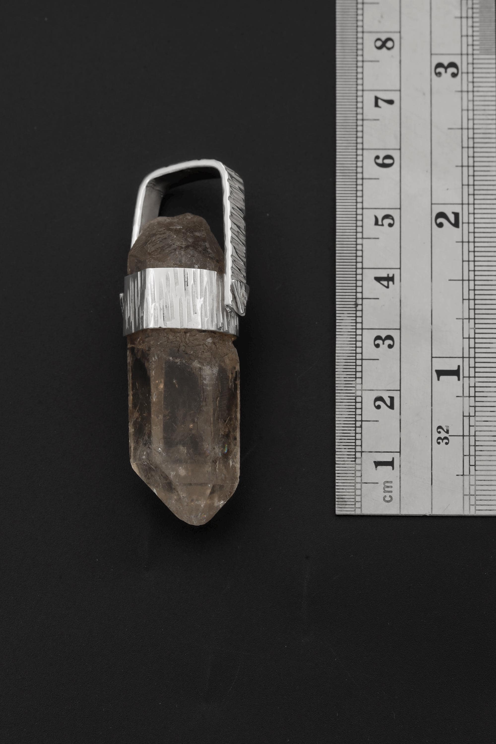 Hand Fossicked Light Smoky Rainbow Inclusion Generator Quartz Point Pendant, 925 Silver, High Shine, Hammered Texture, Minimalist Jewelry