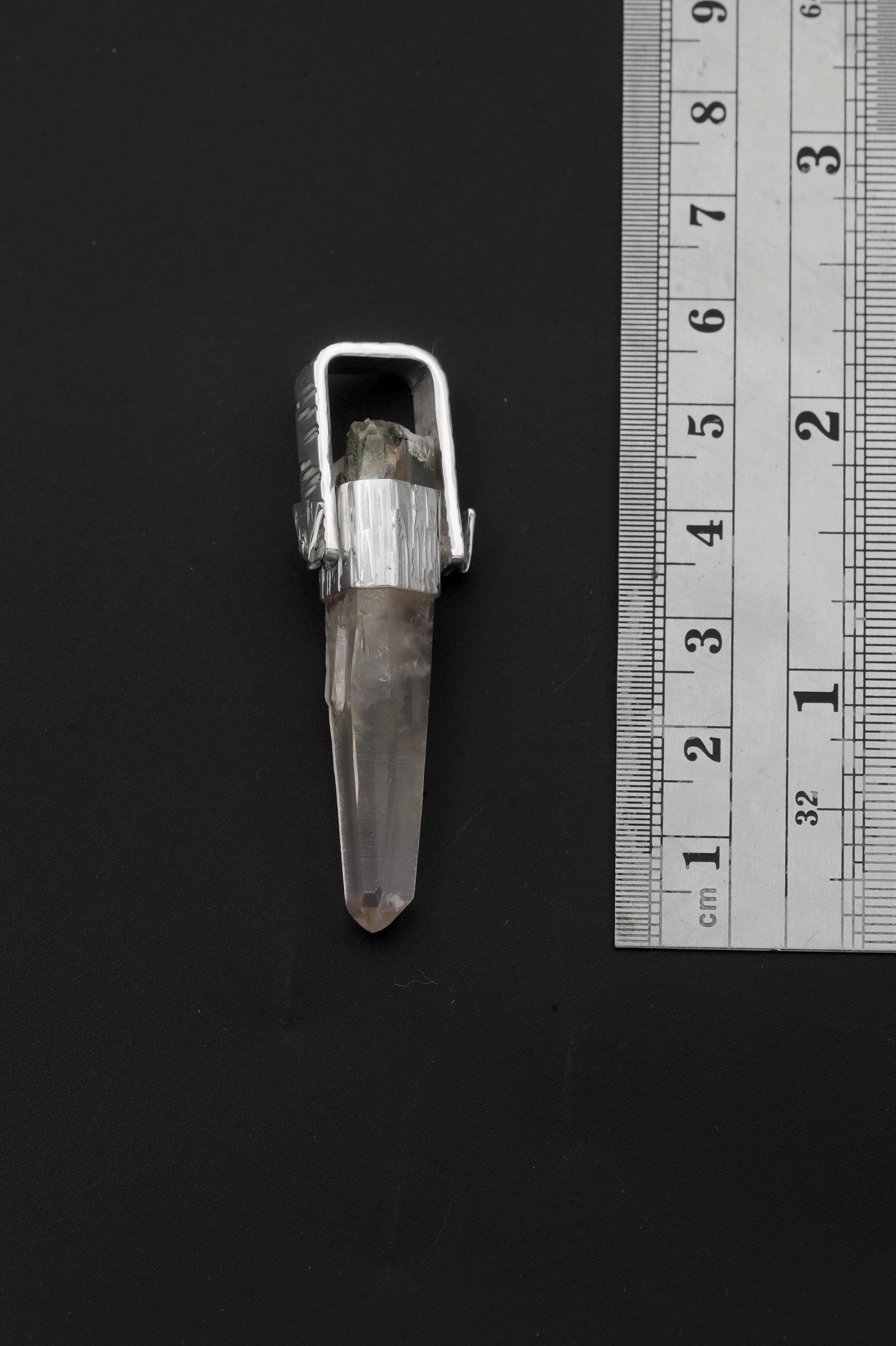 Lemurian Himalayan Laser Manifestation Quarts Point Pendant, 925 Silver, High Shine Finish, Hammered Texture, Chakra Healing Crystal Jewelry