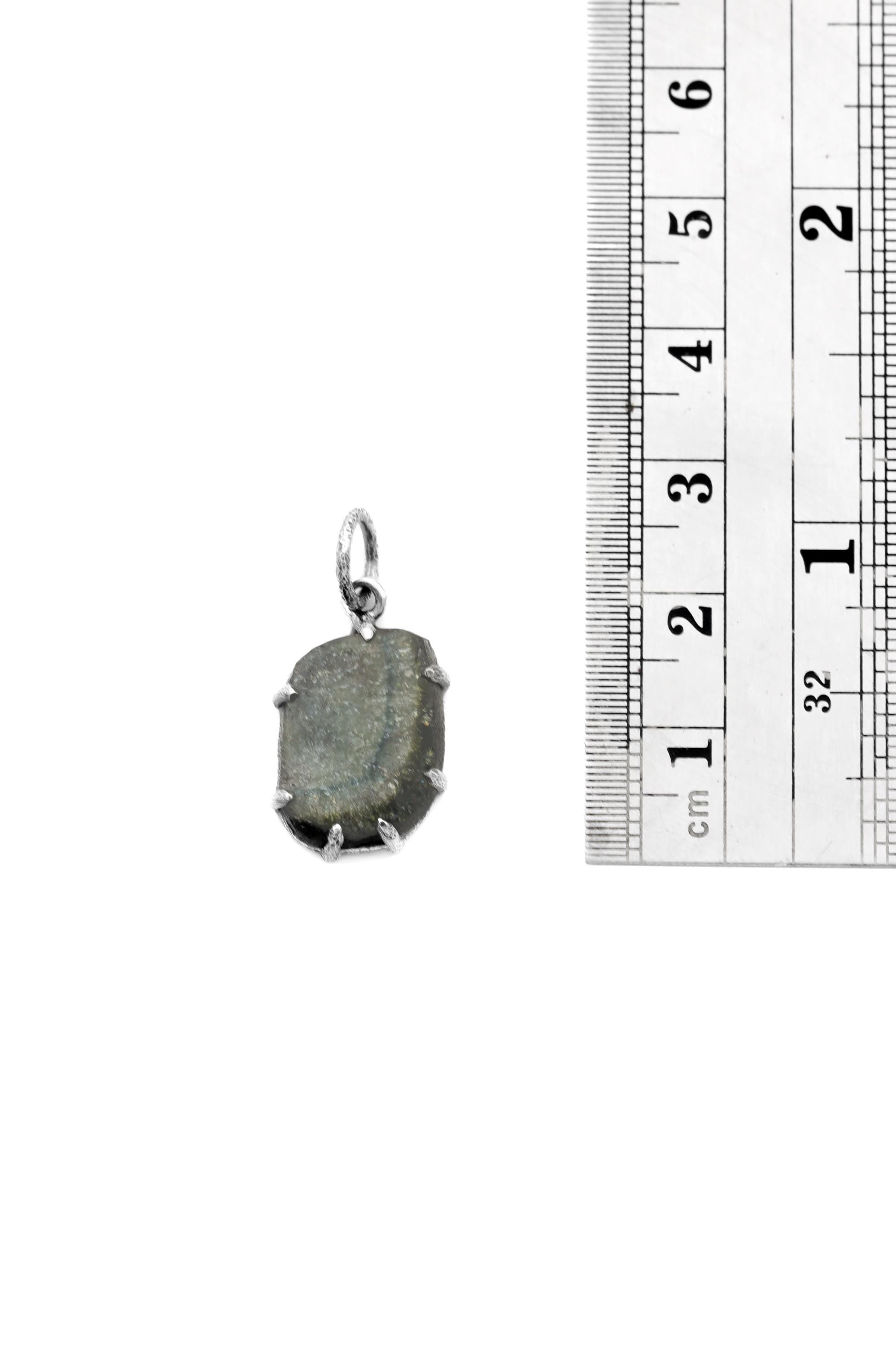 Polished Slice of Natural Green Blue Tourmaline Wand with Darker Rind Pendant, Sterling Silver Claw Setting, Oxidized, Hammered Textured