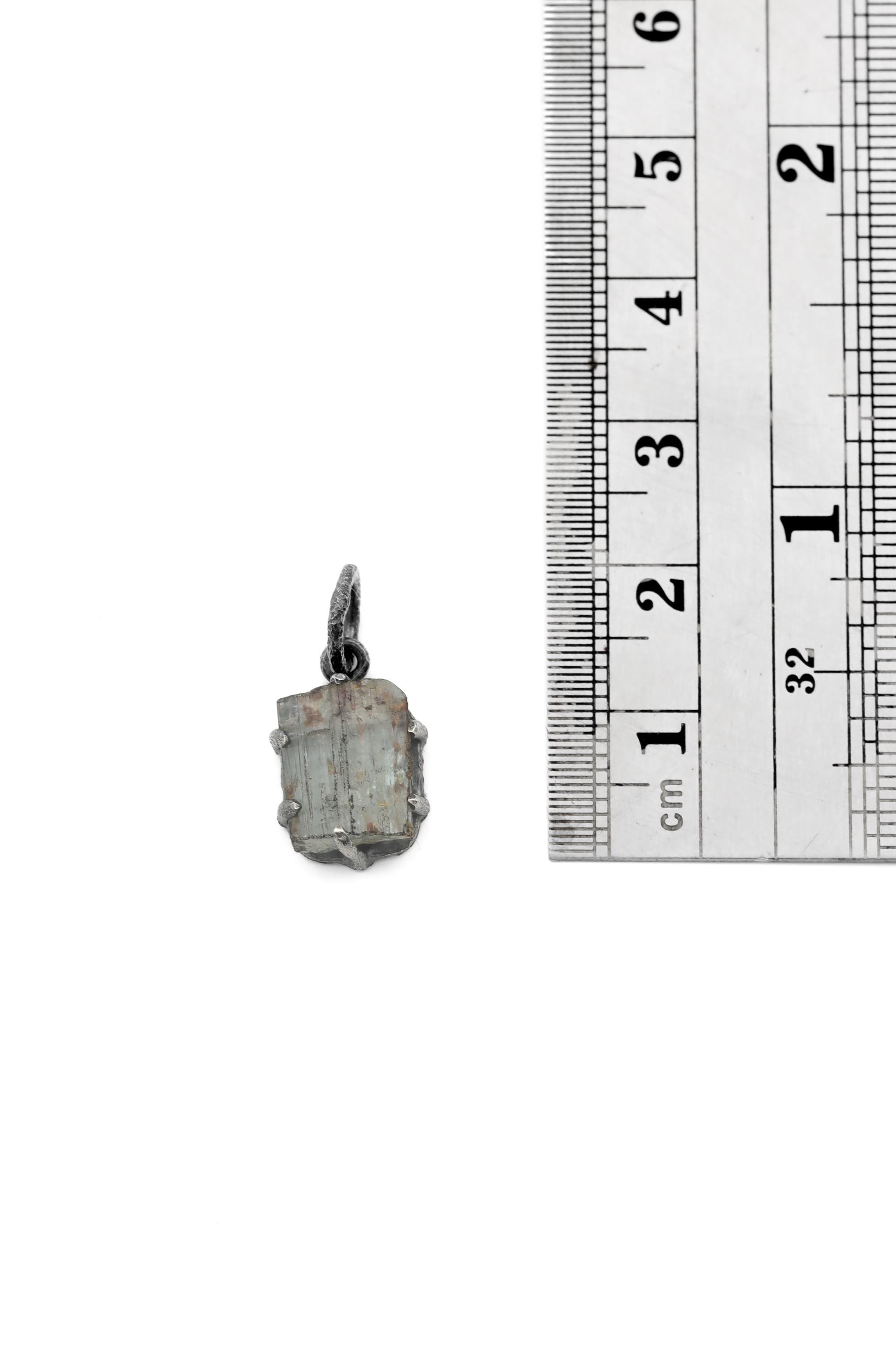 Raw Aquamarine Wand Pendant, Sterling Silver, Oxidized Texture