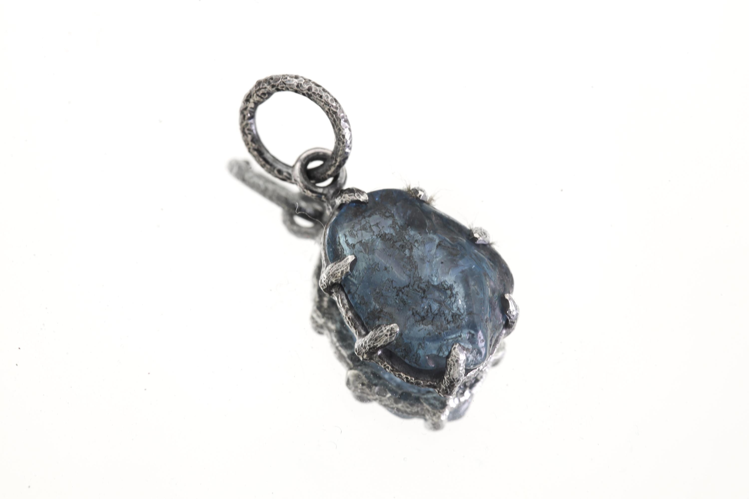 Dark Blue Aquamarine Pendant, Natural Gem Facet Grade Chunk, Sterling Silver Claw Setting, Hammered Oxidized Finish, Throat Chakra Jewelry