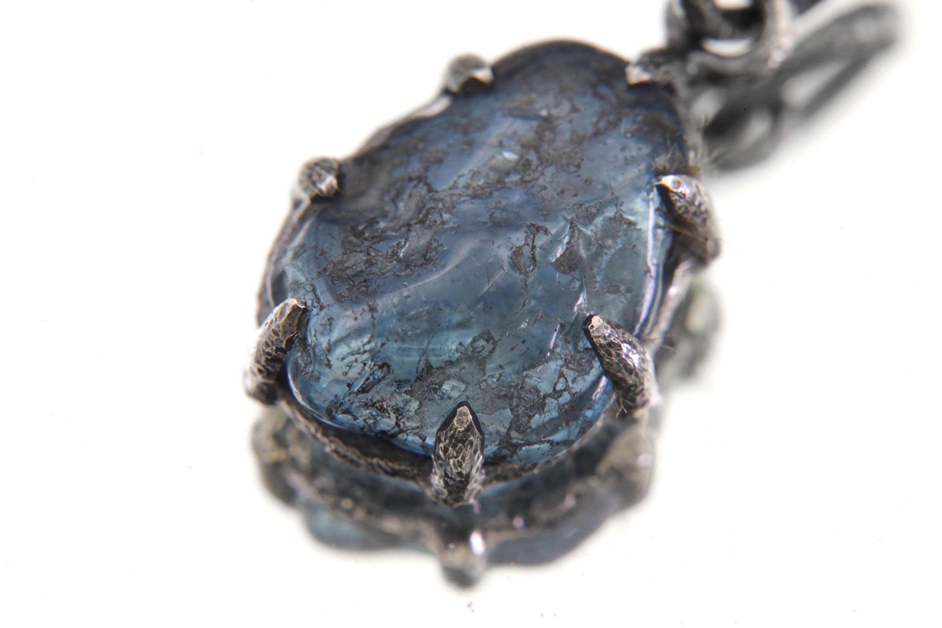 Aquamarine Pendant, Sterling Silver Claw Setting, Oxidized Finish