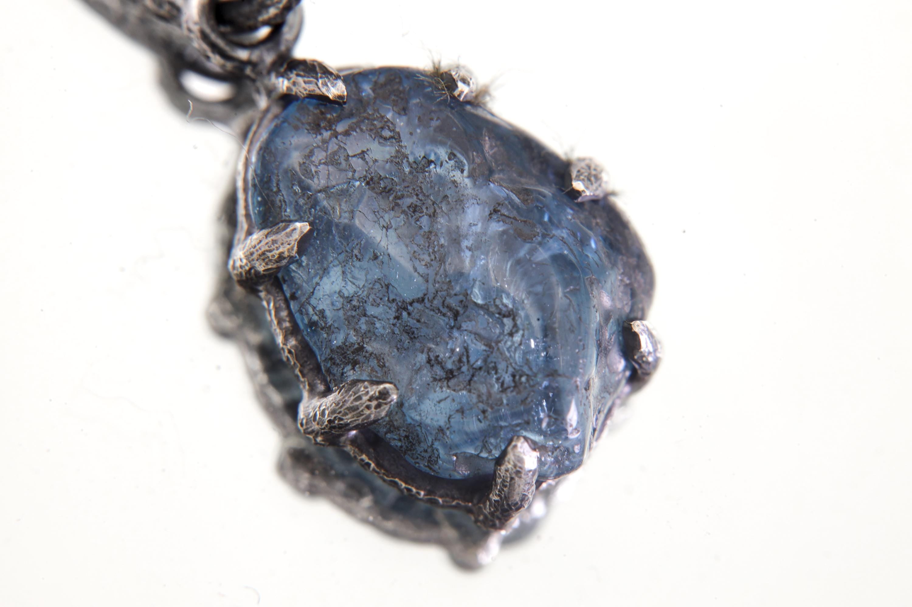 Dark Blue Aquamarine Pendant, Natural Gem Facet Grade Chunk, Sterling Silver Claw Setting, Hammered Oxidized Finish, Throat Chakra Jewelry