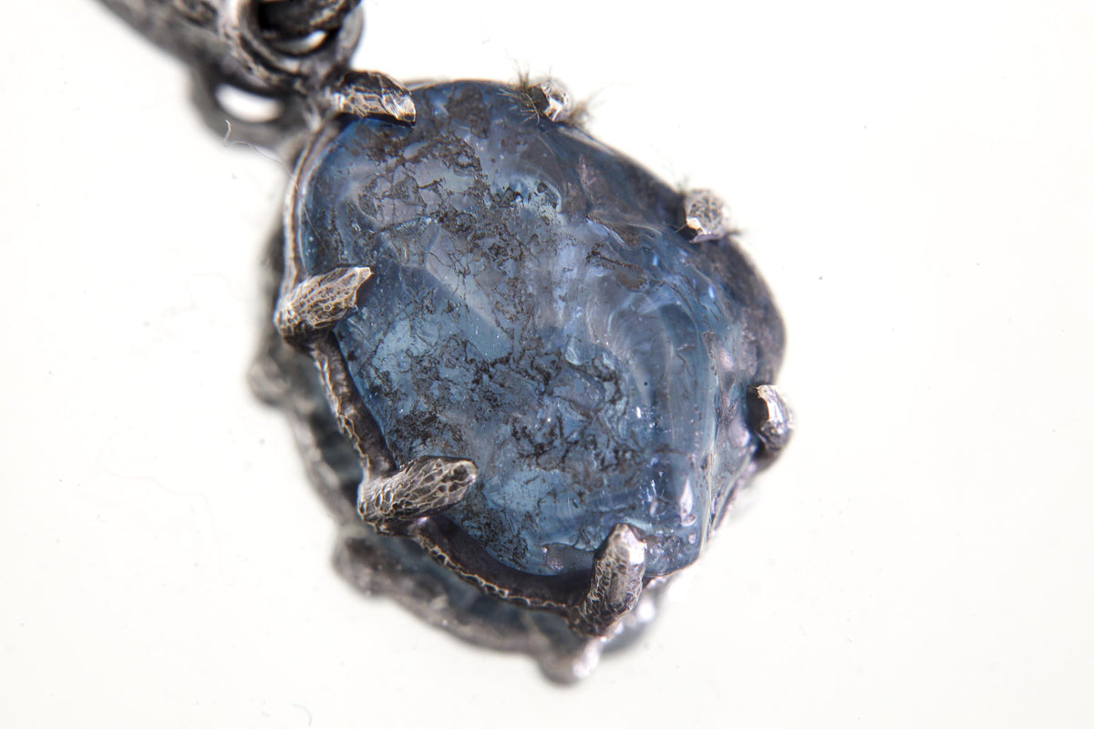 Dark Blue Aquamarine Pendant, Natural Gem Facet Grade Chunk, Sterling Silver Claw Setting, Hammered Oxidized Finish, Throat Chakra Jewelry