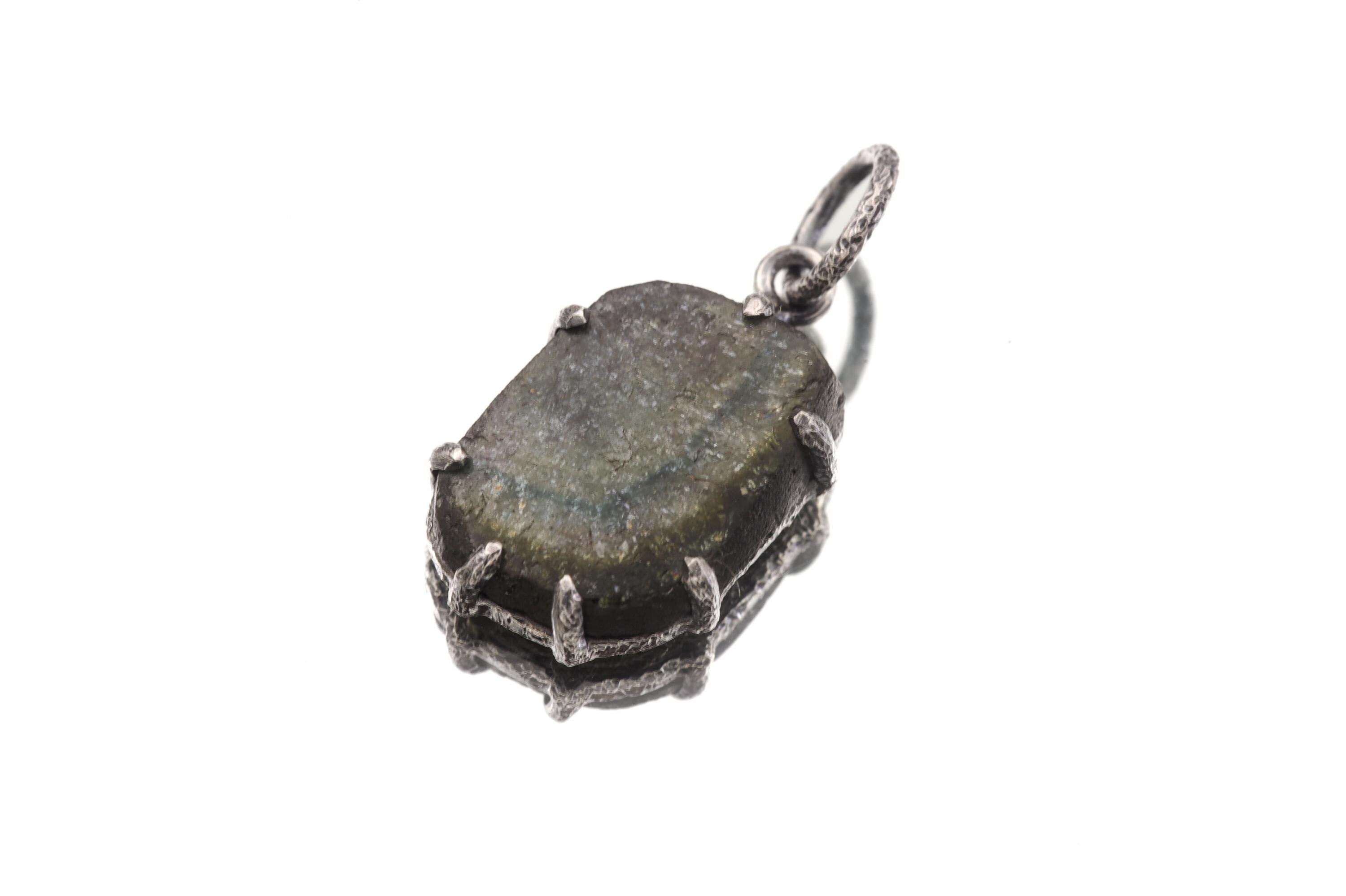 Green Blue Tourmaline Slice Pendant, Oxidized Sterling Silver Claw Setting