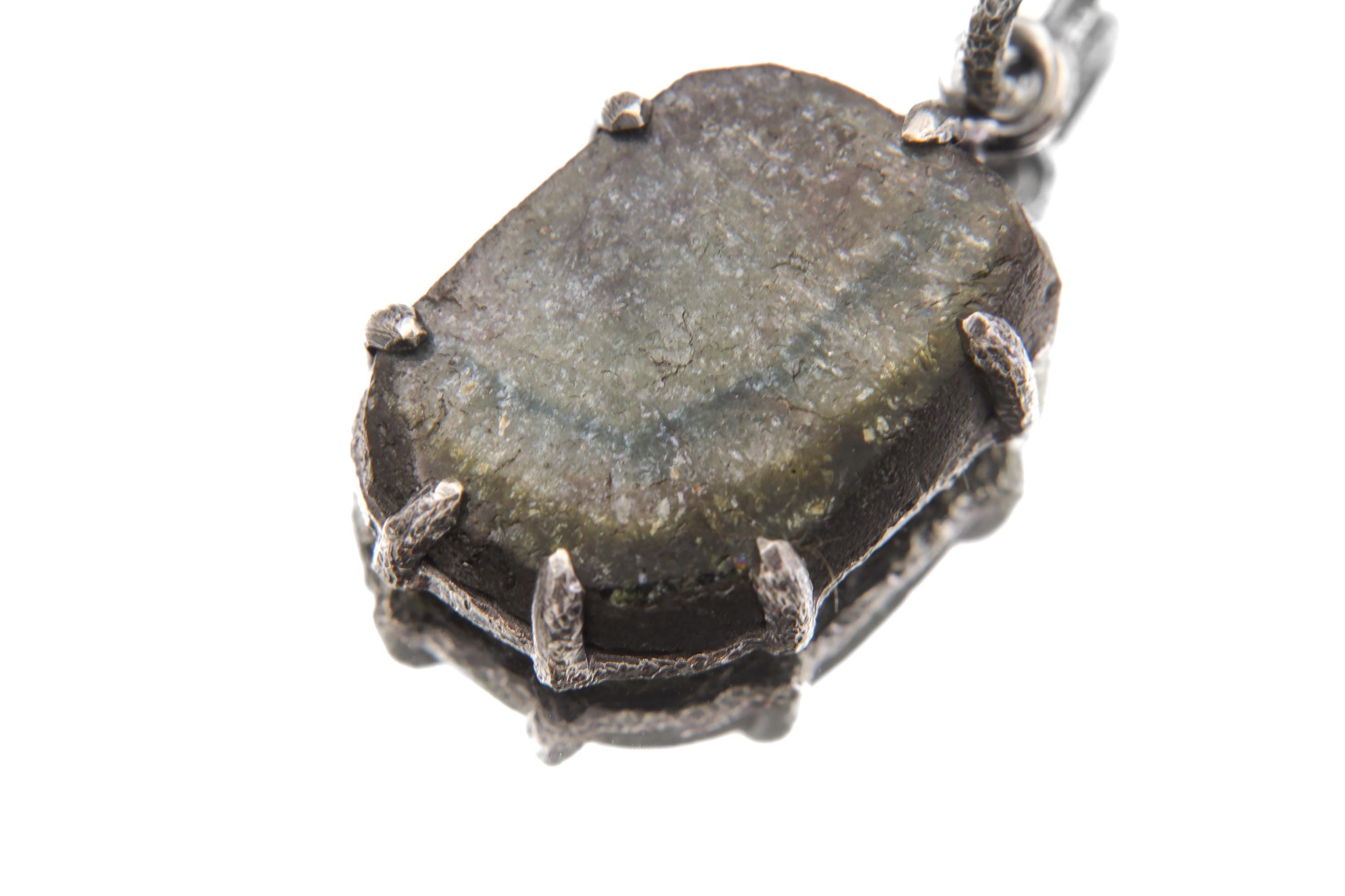 Polished Slice of Natural Green Blue Tourmaline Wand with Darker Rind Pendant, Sterling Silver Claw Setting, Oxidized, Hammered Textured
