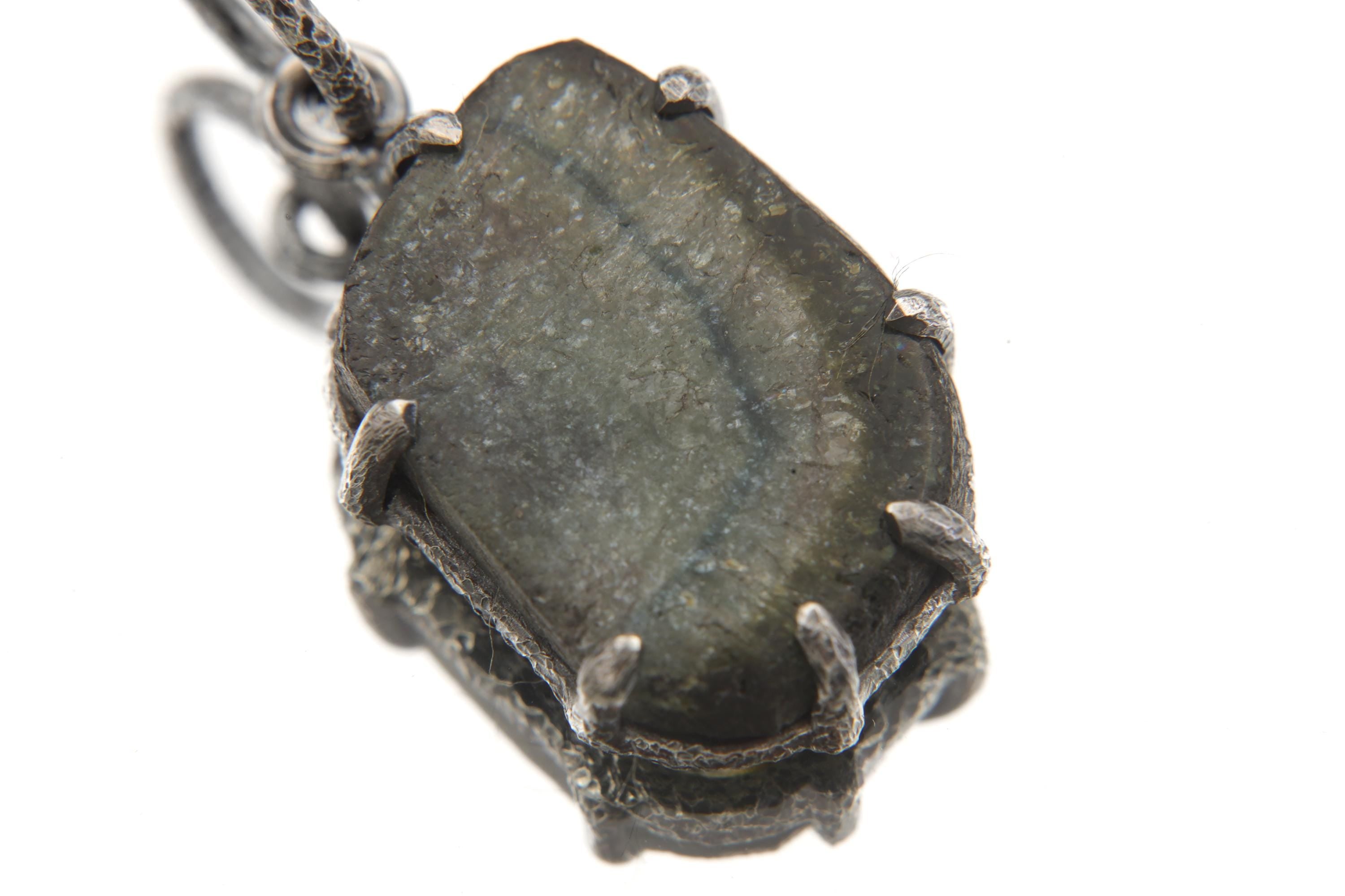 Polished Slice of Natural Green Blue Tourmaline Wand with Darker Rind Pendant, Sterling Silver Claw Setting, Oxidized, Hammered Textured