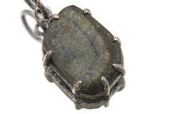 Polished Slice of Natural Green Blue Tourmaline Wand with Darker Rind Pendant, Sterling Silver Claw Setting, Oxidized, Hammered Textured