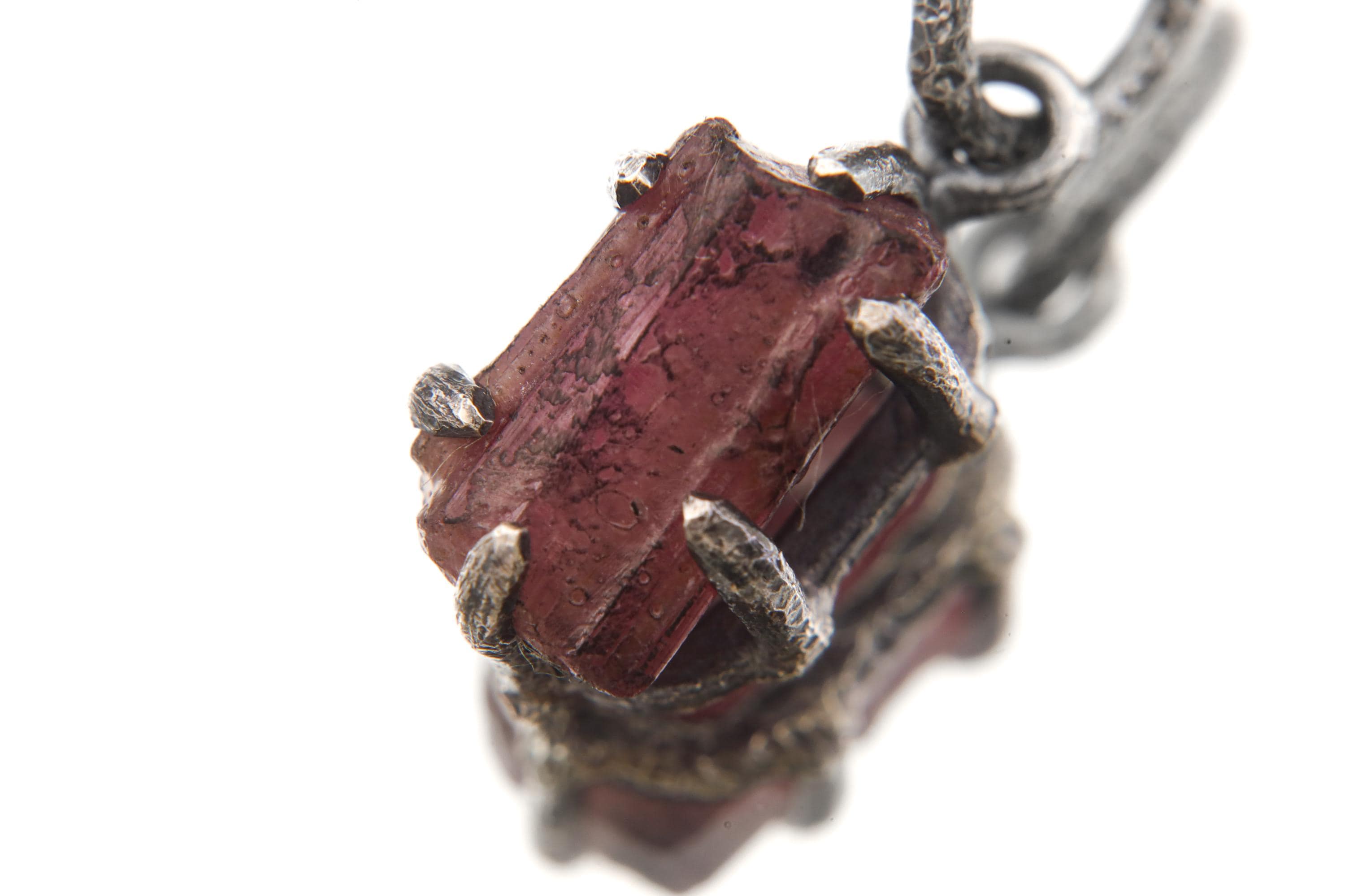 Natural Gem Pink tourmaline (Rubellite) wand Pendant, Sterling Silver Claw Setting, Hammer Texture, Heart Chakra, Handmade Healing Jewelry