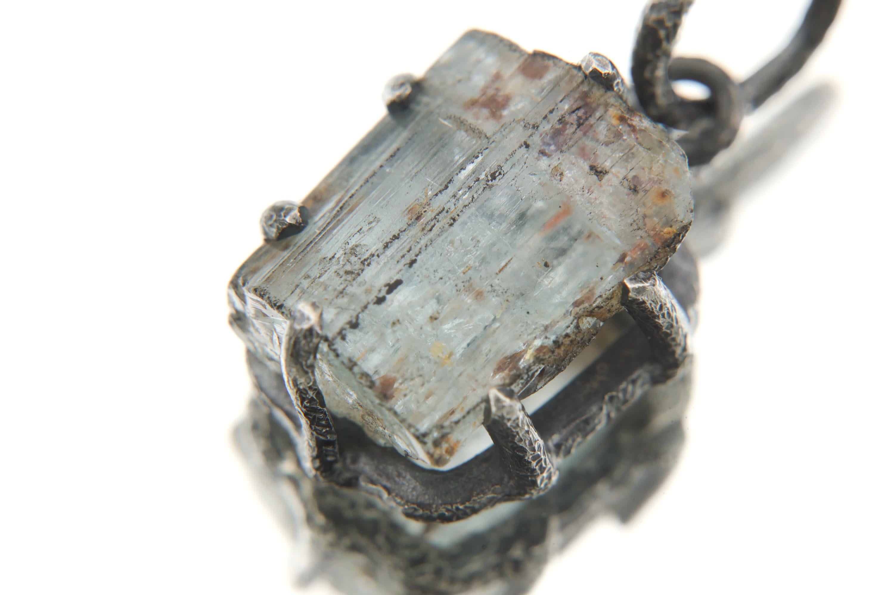 Raw Aquamarine Wand Pendant, Sterling Silver, Oxidized Texture