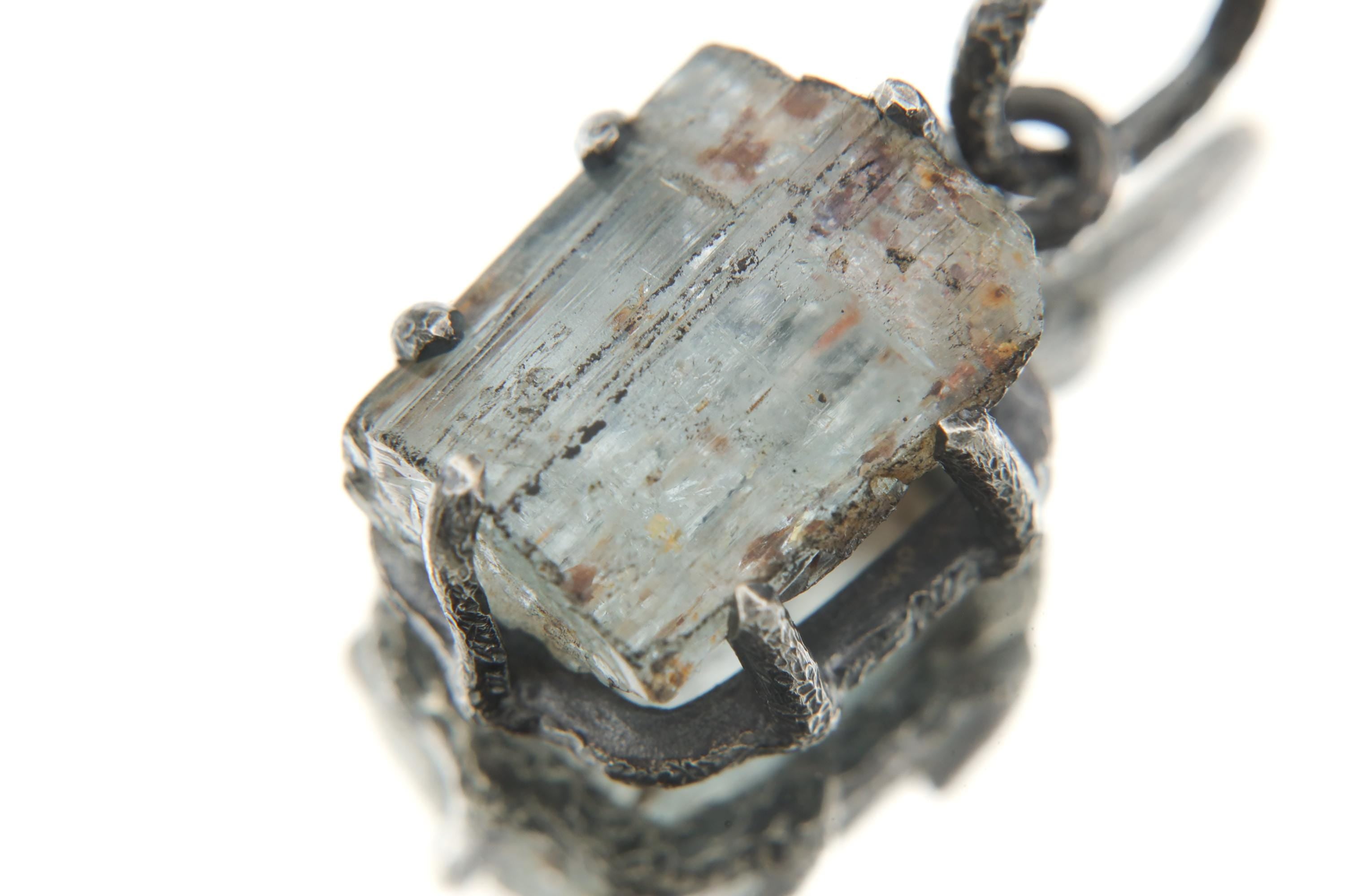 Australian Raw Gem Aquamarine wand Pendant, Sterling Silver Claw Setting, Oxidized Hammer Texture, Throat Chakra Healing Jewelry Gift