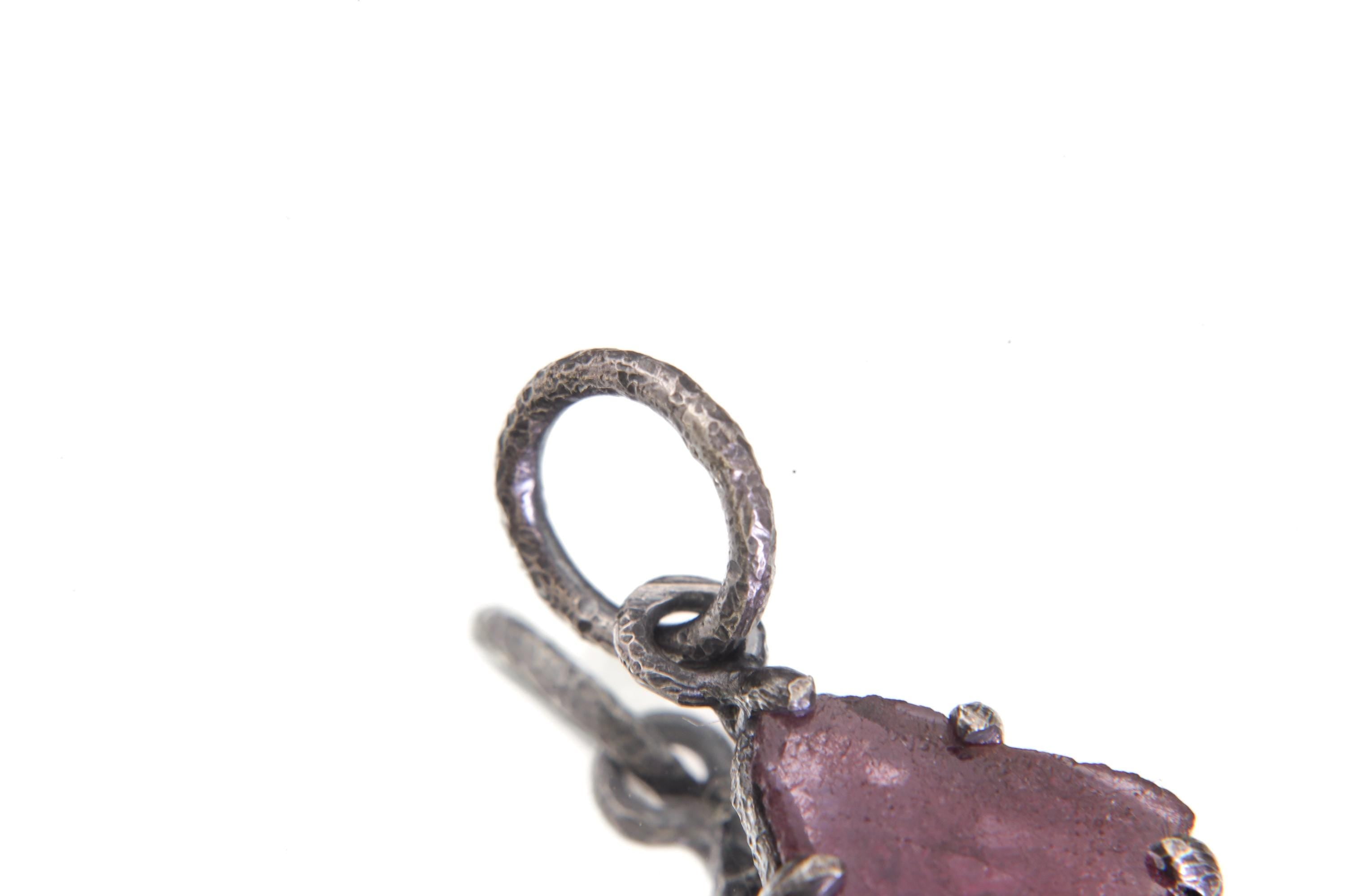 Polished Slice of High-Grade Natural Pink Tourmaline Wand with Darker Rind Pendant Sterling Silver Claw Setting Oxidized Finish